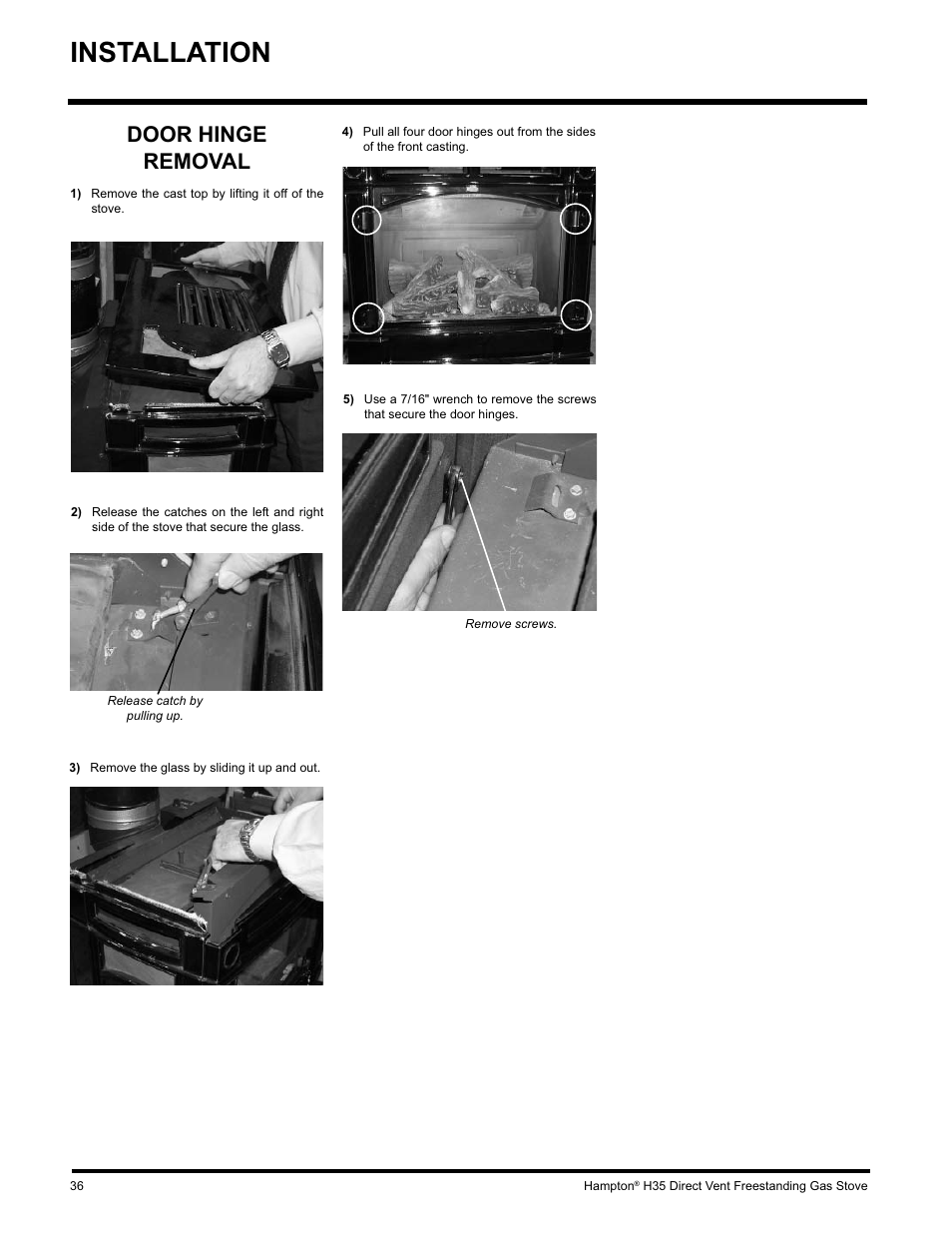 Installation, Door hinge removal | Hampton Direct H35-NG1 User Manual | Page 36 / 48