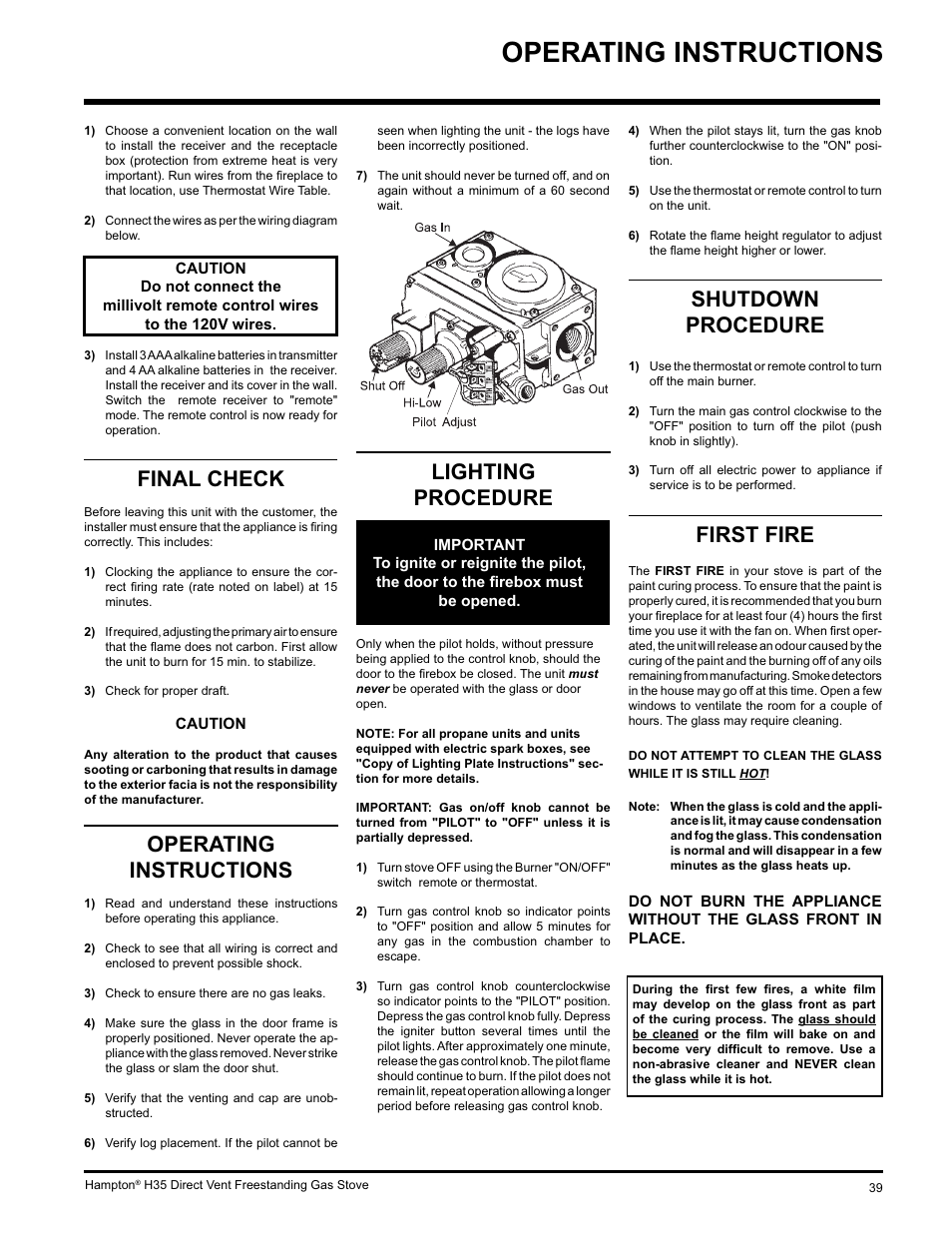 Operating instructions, Shutdown procedure, First fire | Final check, Lighting procedure | Hampton Direct H35-NG1 User Manual | Page 39 / 48