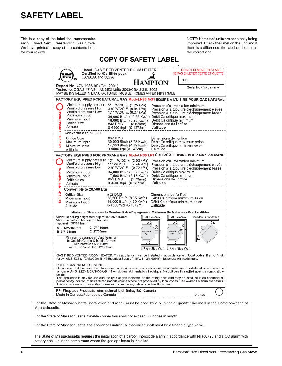 Safety label, Copy of safety label | Hampton Direct H35-NG1 User Manual | Page 4 / 48
