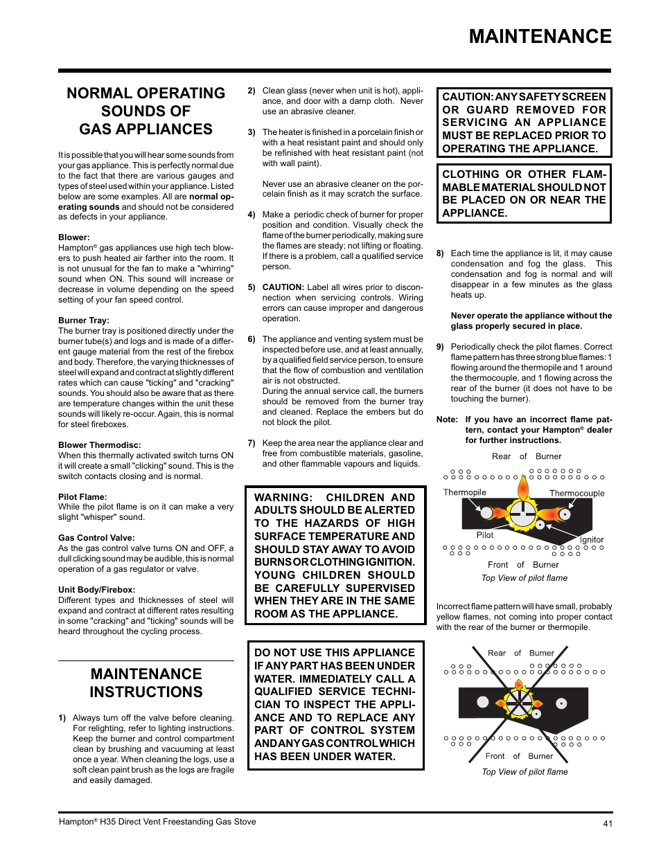 Maintenance, Maintenance instructions, Normal operating sounds of gas appliances | Hampton Direct H35-NG1 User Manual | Page 41 / 48