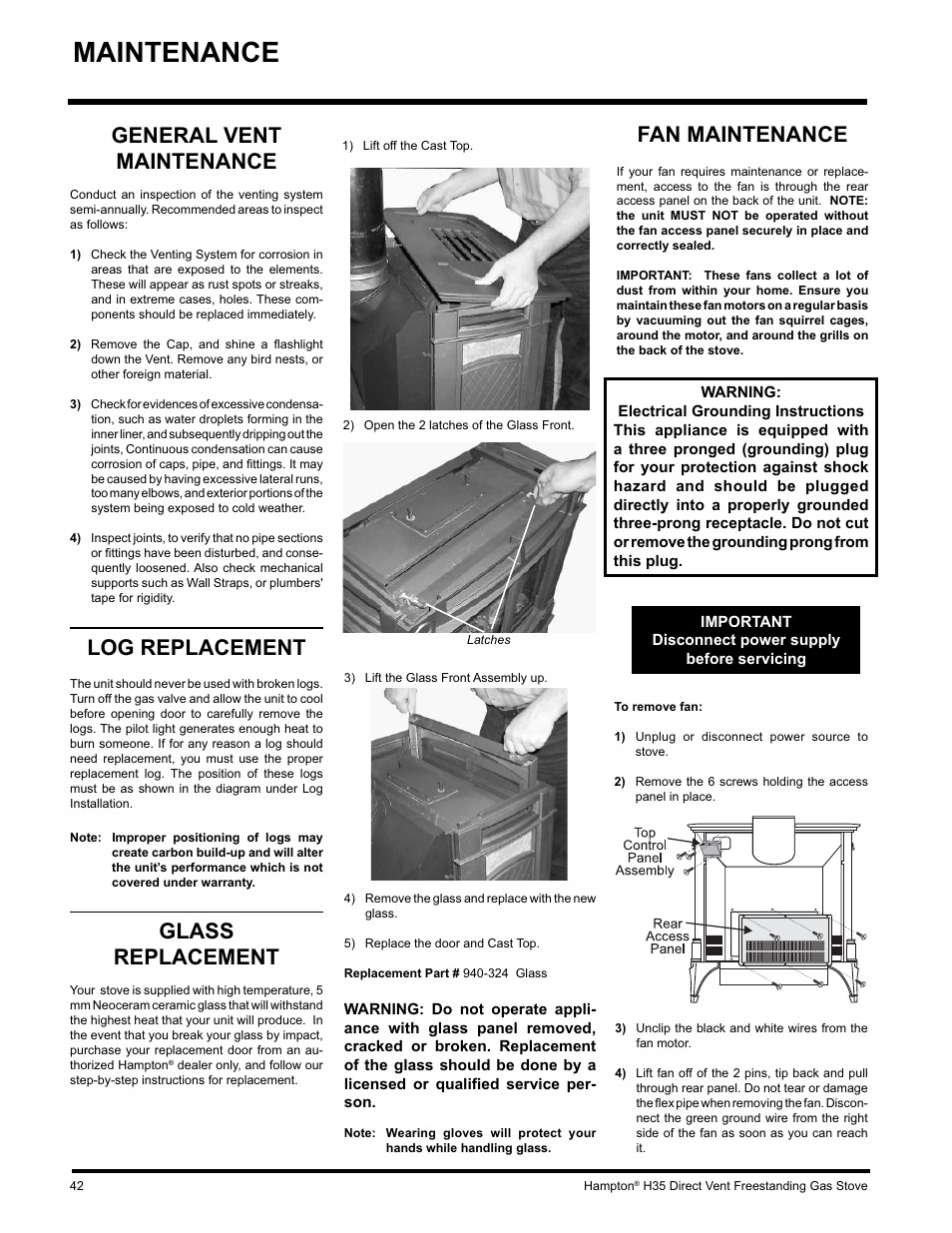 Maintenance, Fan maintenance, General vent maintenance | Log replacement, Glass replacement | Hampton Direct H35-NG1 User Manual | Page 42 / 48