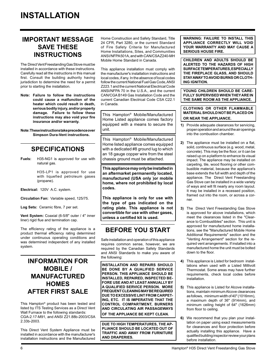 Installation, Important message save these instructions, Specifications | Before you start | Hampton Direct H35-NG1 User Manual | Page 6 / 48