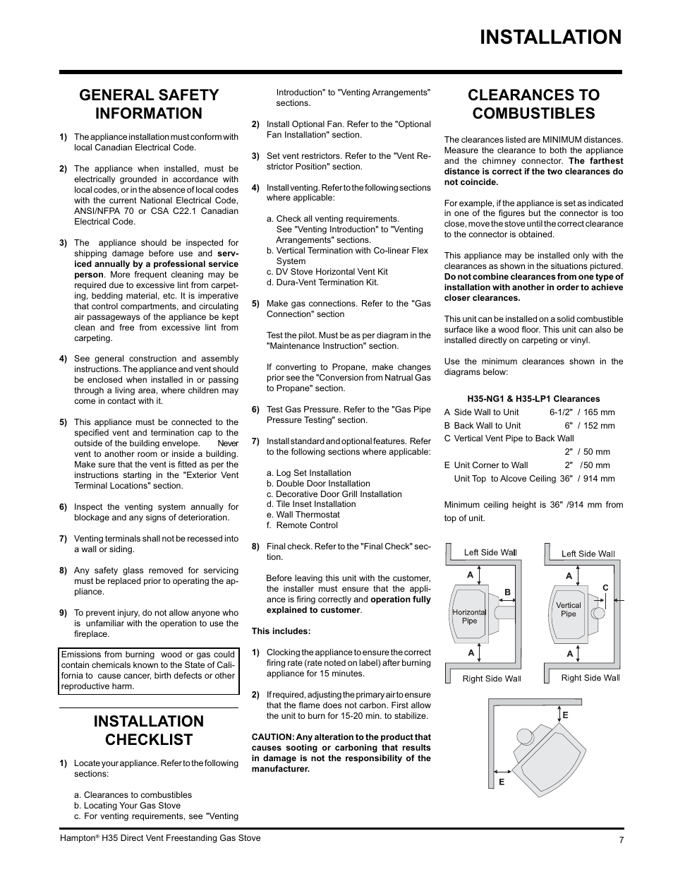 Installation, General safety information, Installation checklist | Clearances to combustibles | Hampton Direct H35-NG1 User Manual | Page 7 / 48