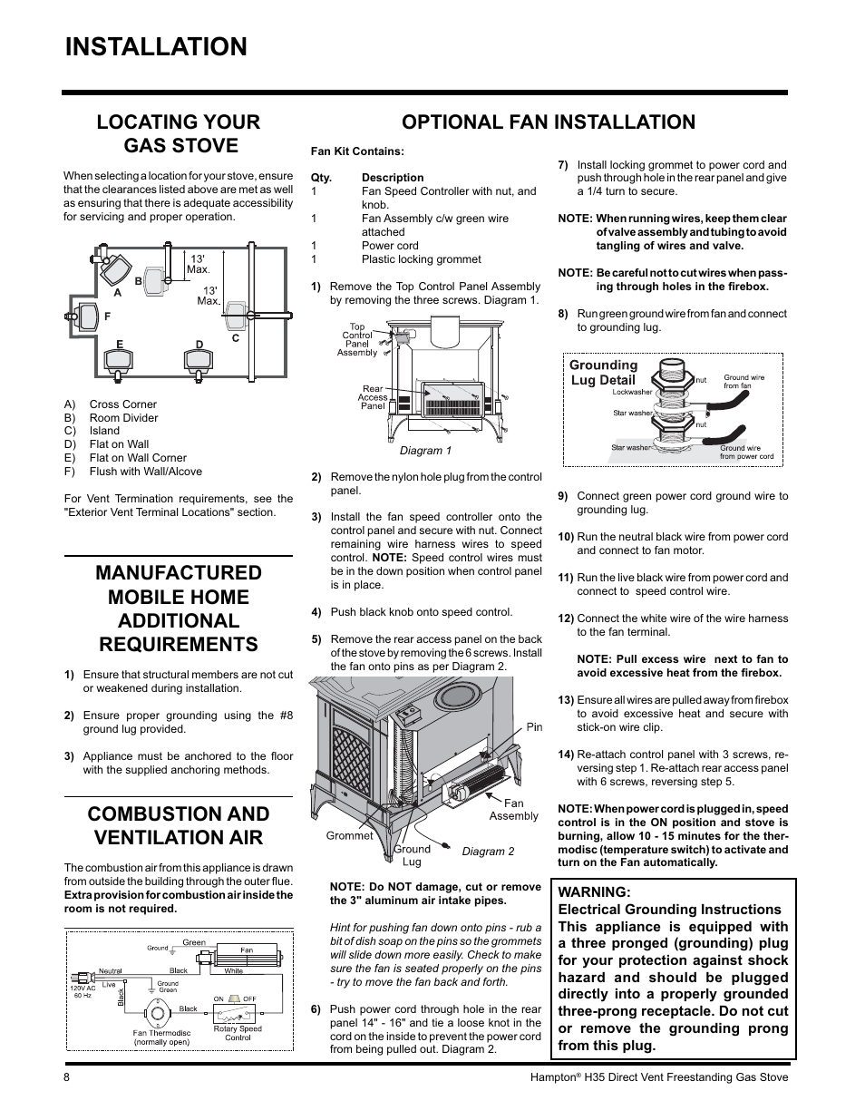 Installation, Optional fan installation, Locating your gas stove | Manufactured mobile home additional requirements, Combustion and ventilation air | Hampton Direct H35-NG1 User Manual | Page 8 / 48