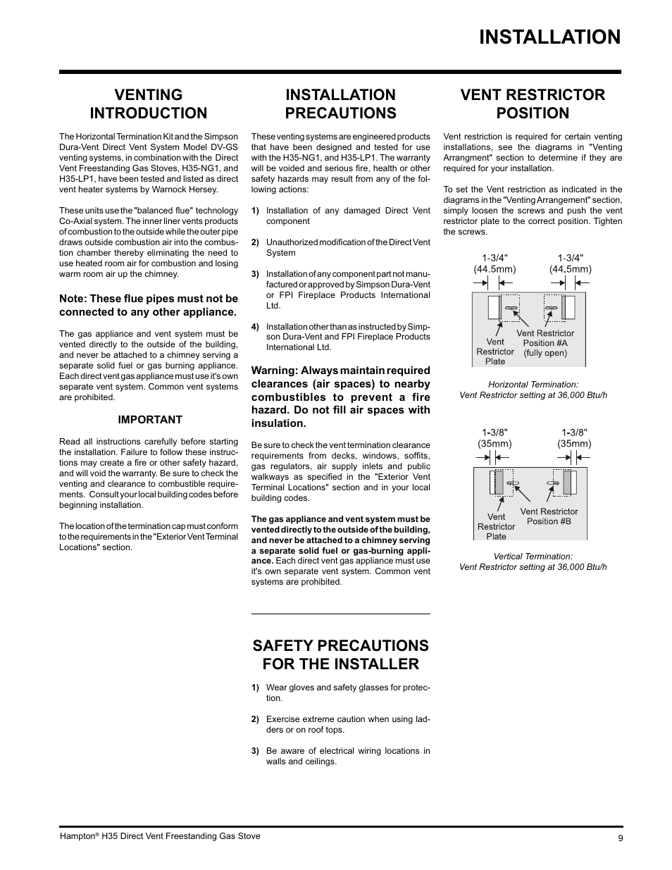 Installation, Installation precautions, Safety precautions for the installer | Venting introduction, Vent restrictor position | Hampton Direct H35-NG1 User Manual | Page 9 / 48
