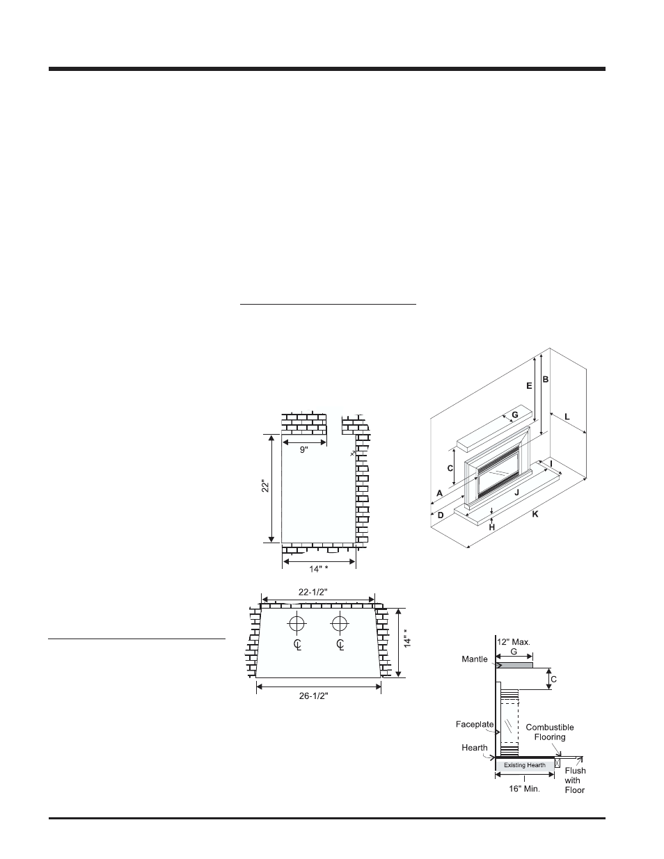 Installation, Materials required, Manufactured mobile home additional requirements | Minimum fireplace dimensions, Clearances to combustibles | Hampton Direct U32-LP2 User Manual | Page 6 / 28