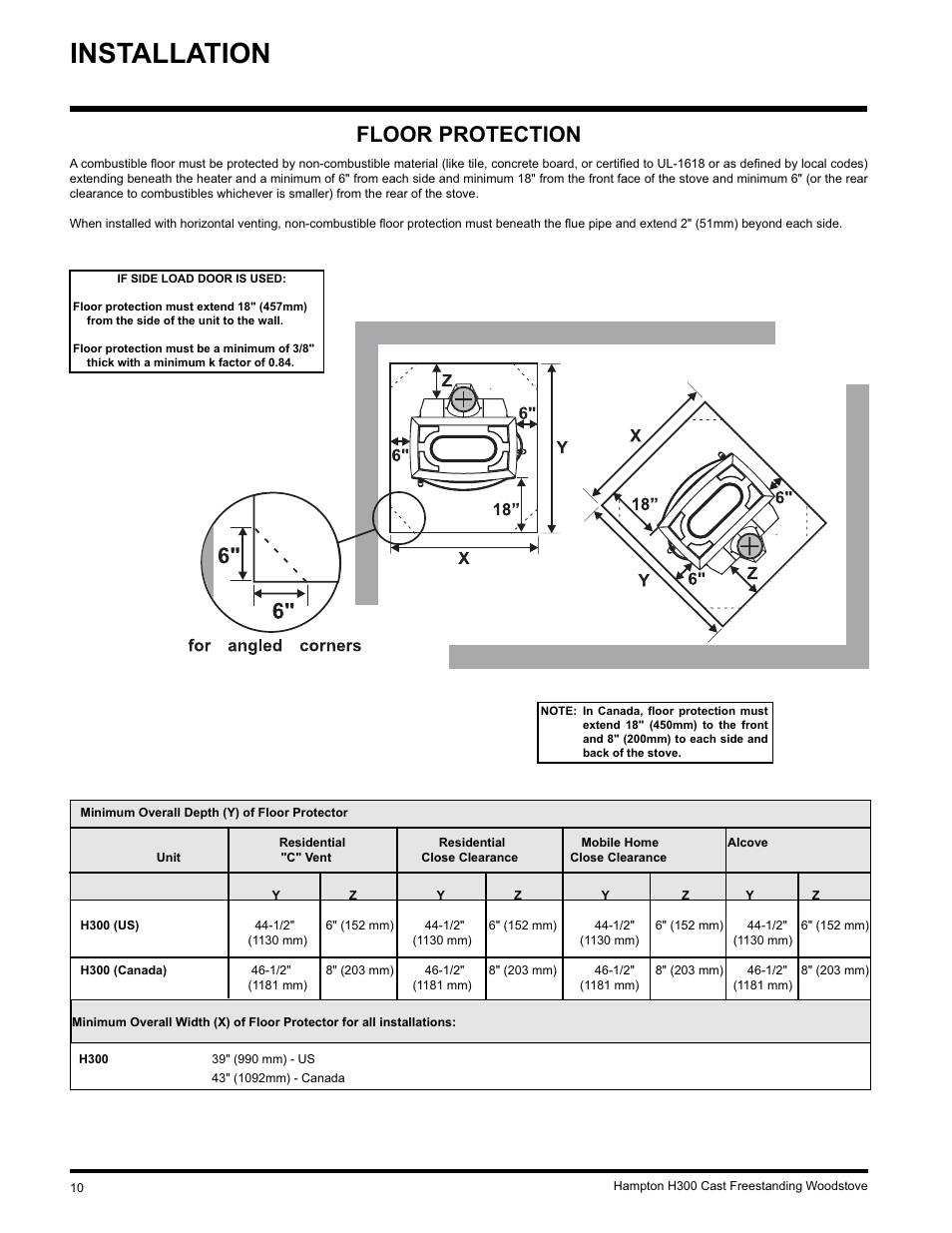 Installation, Floor protection | Hampton Direct H300 User Manual | Page 10 / 32