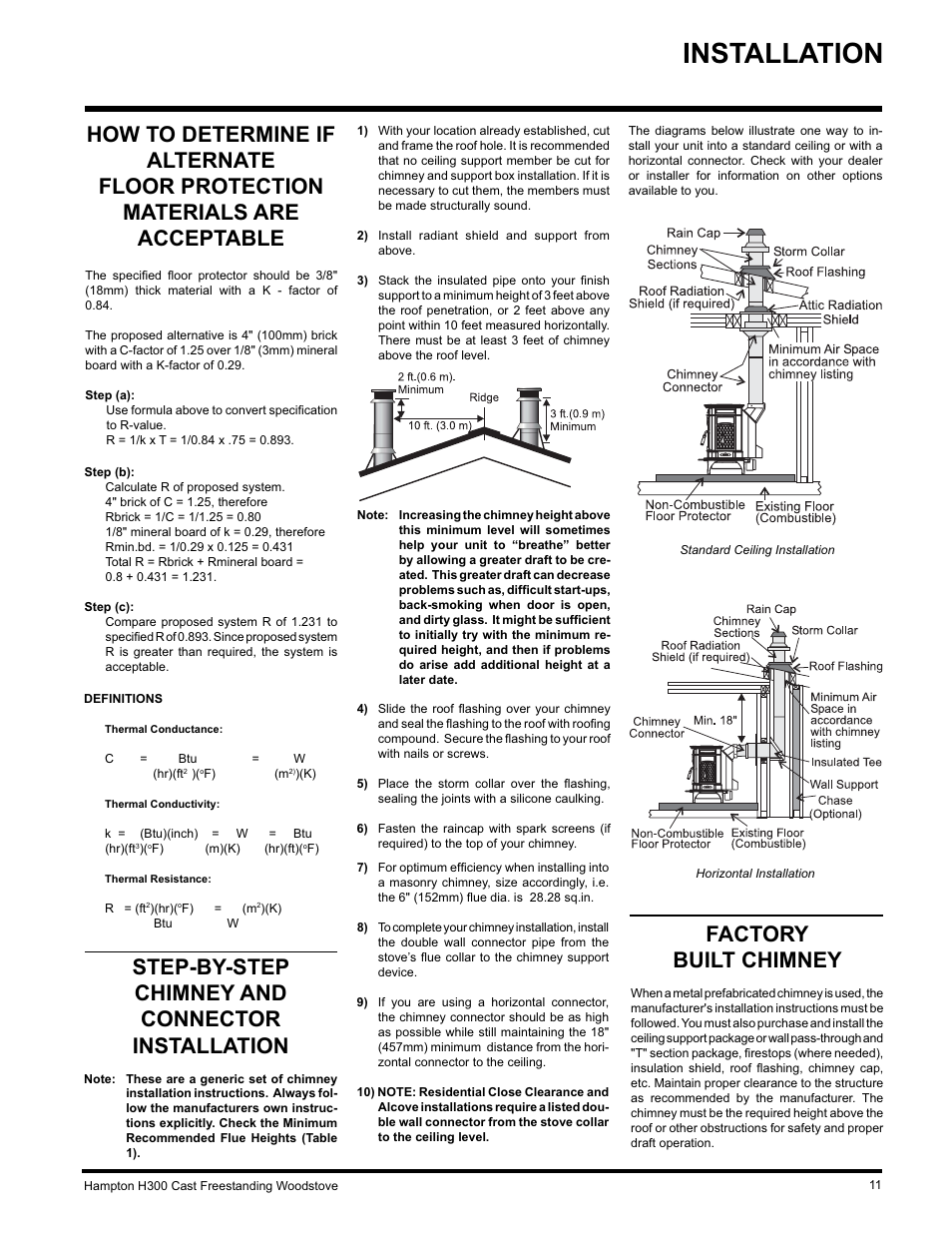 Installation, Factory built chimney, Step-by-step chimney and connector installation | Hampton Direct H300 User Manual | Page 11 / 32