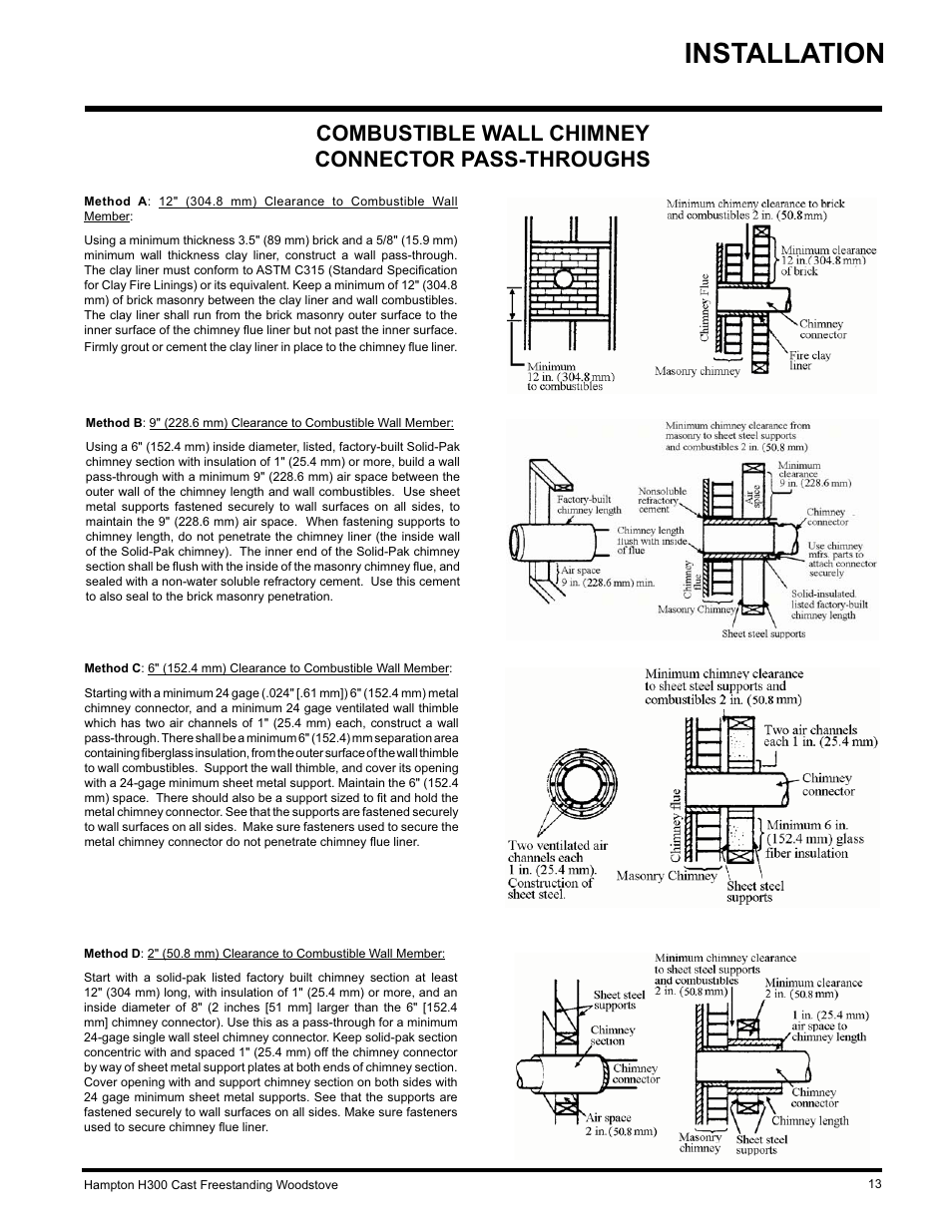 Installation, Combustible wall chimney connector pass-throughs | Hampton Direct H300 User Manual | Page 13 / 32