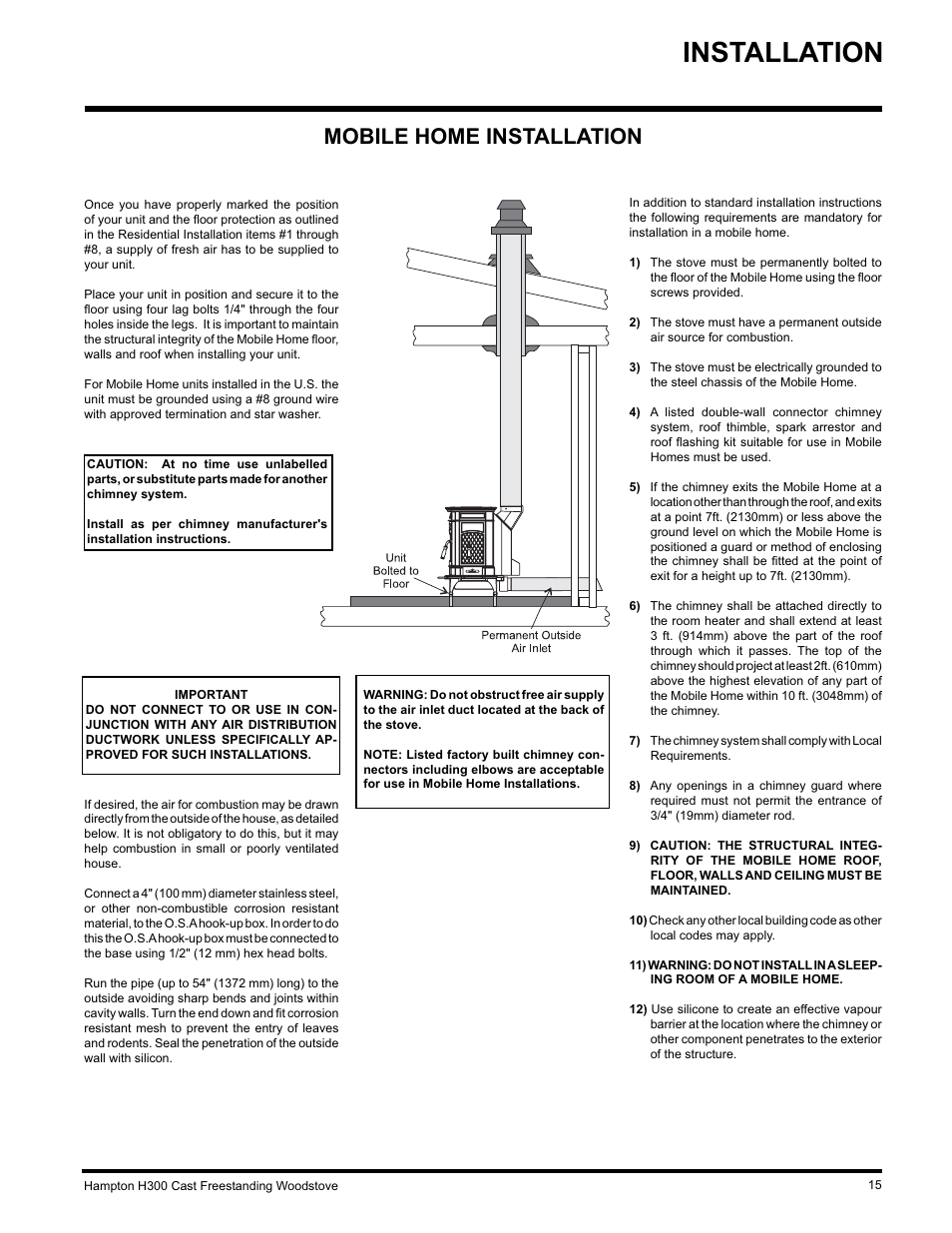 Installation, Mobile home installation | Hampton Direct H300 User Manual | Page 15 / 32