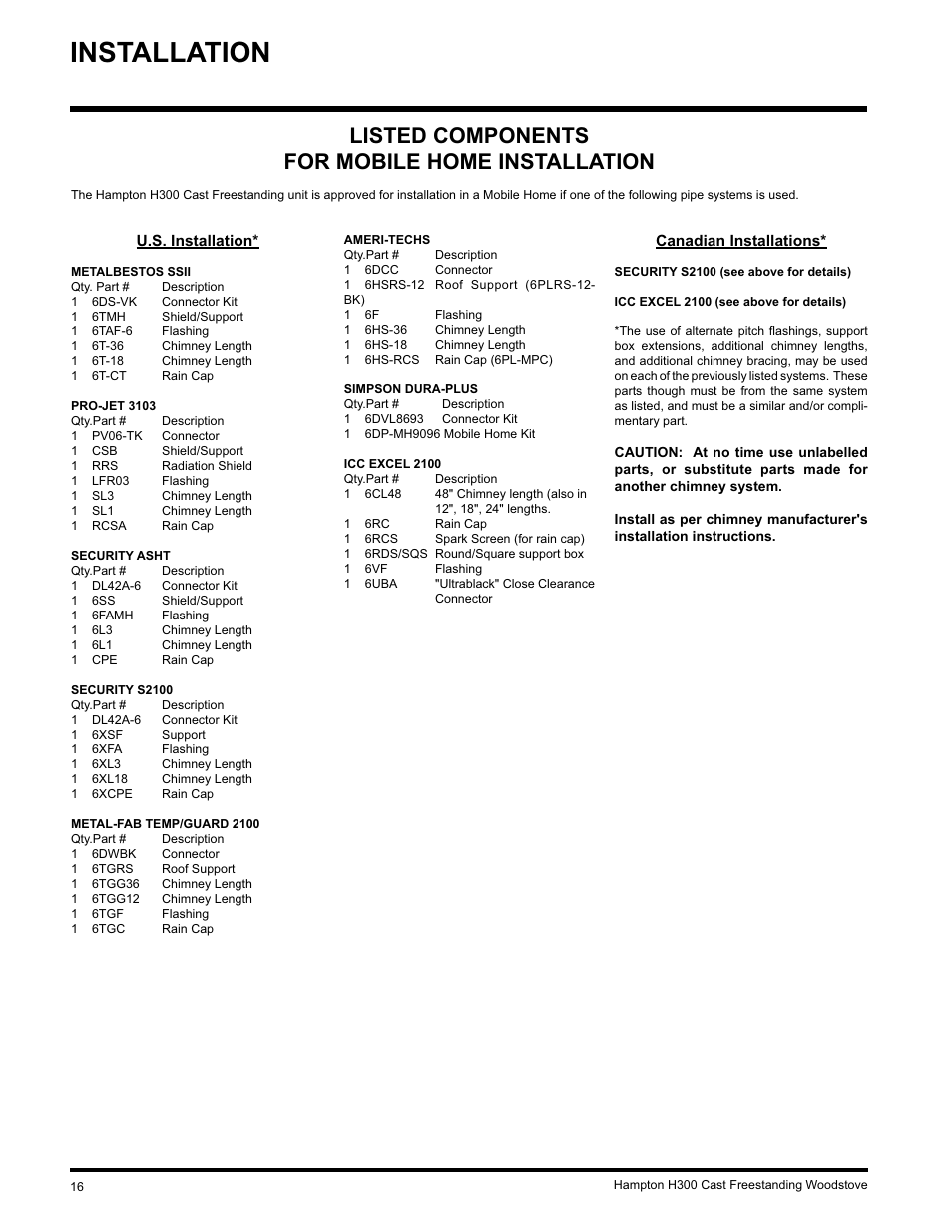 Installation, Listed components for mobile home installation | Hampton Direct H300 User Manual | Page 16 / 32