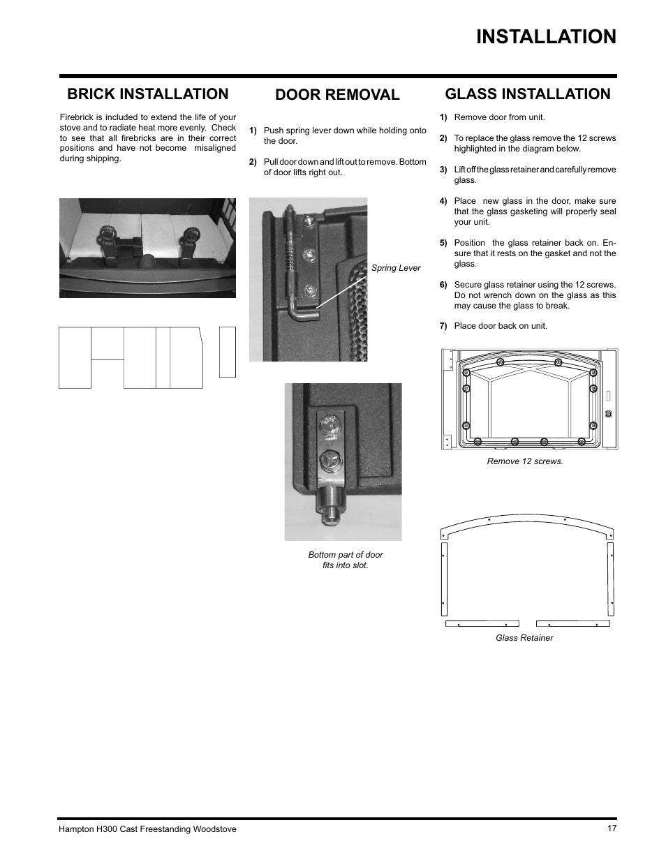 Installation, Door removal, Brick installation | Glass installation | Hampton Direct H300 User Manual | Page 17 / 32