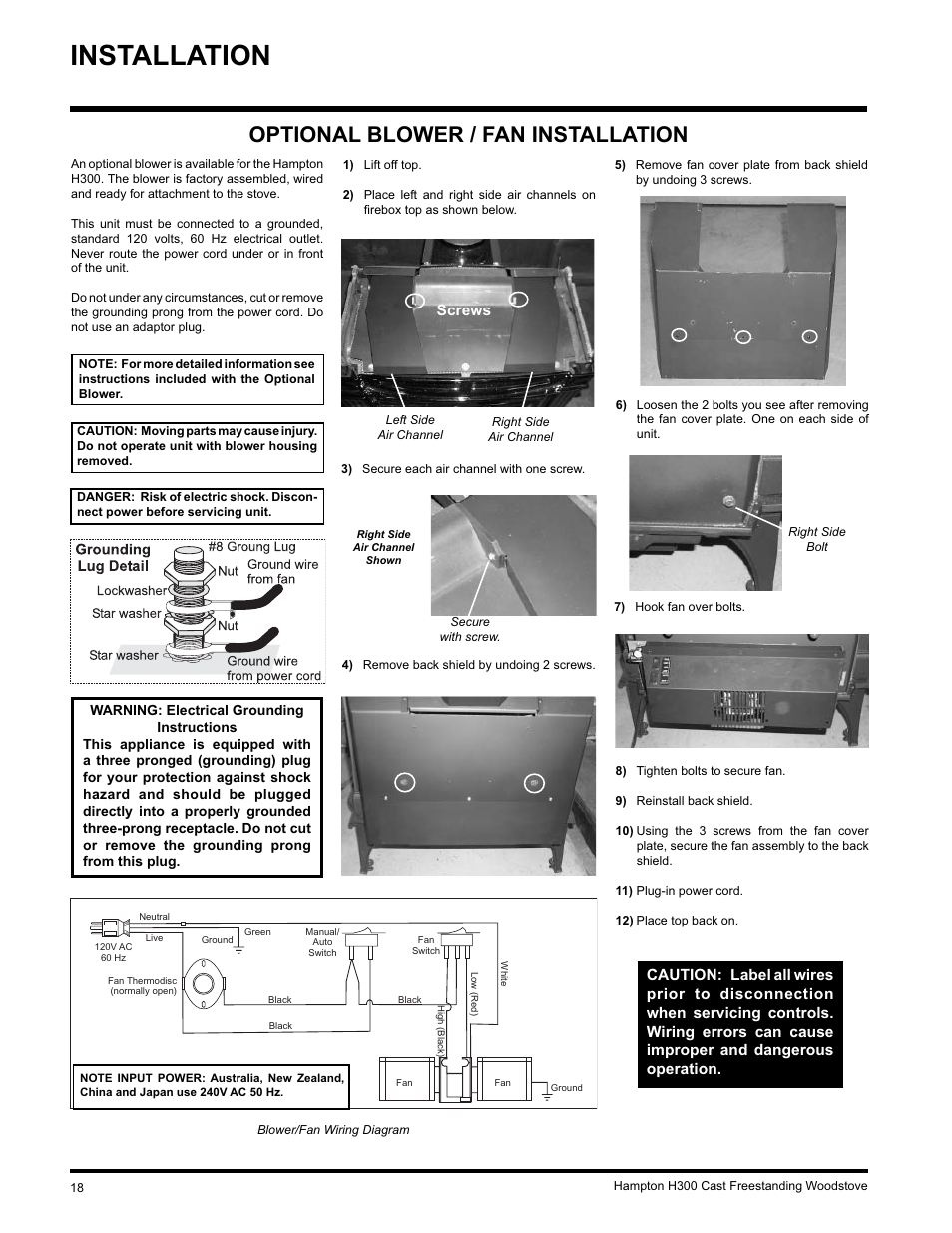 Installation, Optional blower / fan installation, Screws | Hampton Direct H300 User Manual | Page 18 / 32