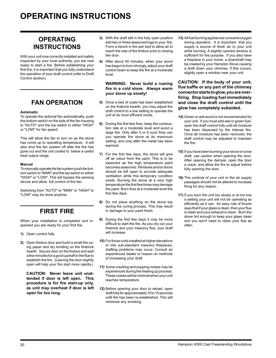 Operating instructions, First fire, Fan operation | Hampton Direct H300 User Manual | Page 20 / 32