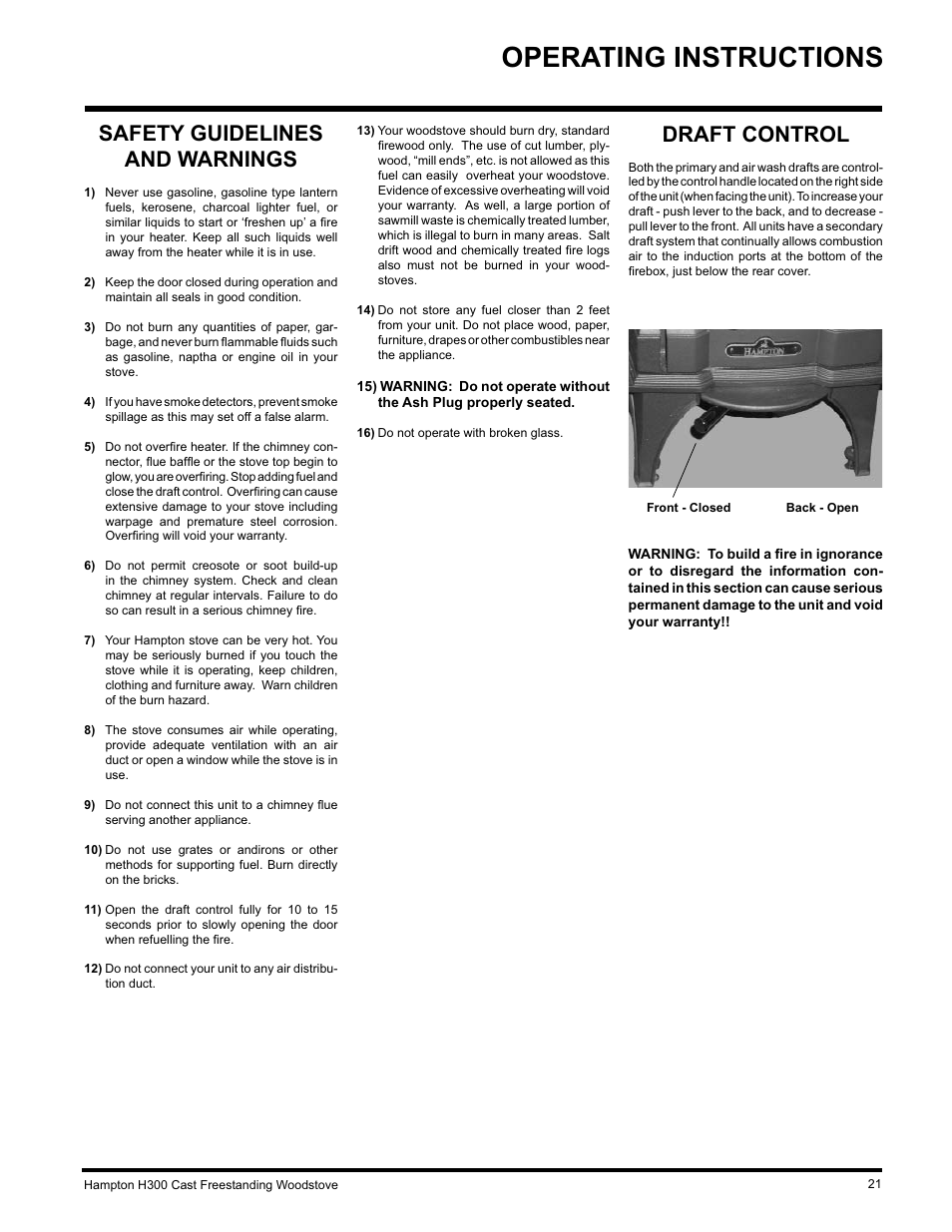 Operating instructions, Safety guidelines and warnings, Draft control | Hampton Direct H300 User Manual | Page 21 / 32