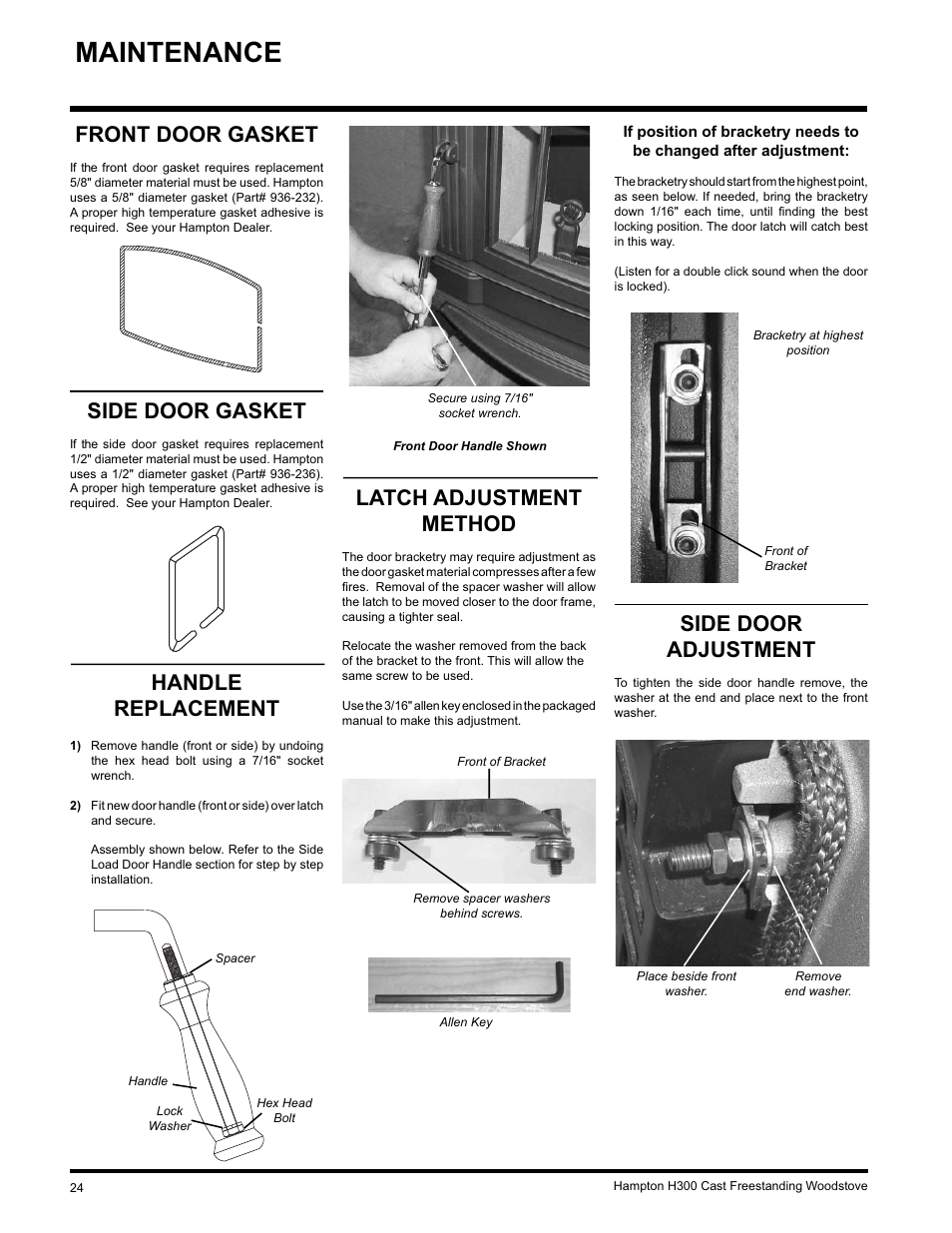 Maintenance, Front door gasket, Side door gasket | Side door adjustment, Handle replacement, Latch adjustment method | Hampton Direct H300 User Manual | Page 24 / 32
