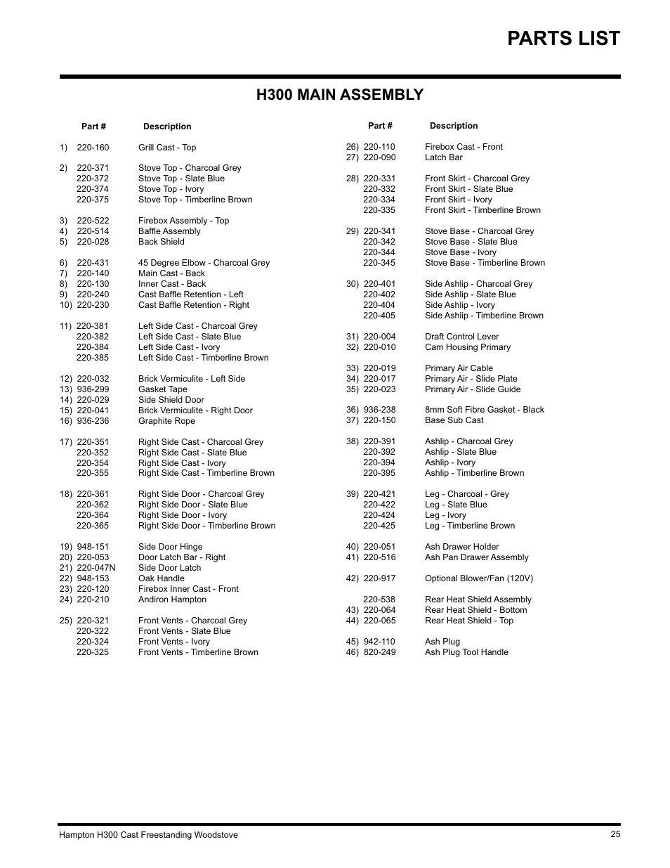 Parts list, H300 main assembly | Hampton Direct H300 User Manual | Page 25 / 32