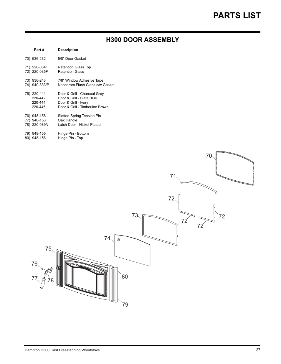 Parts list, H300 door assembly | Hampton Direct H300 User Manual | Page 27 / 32