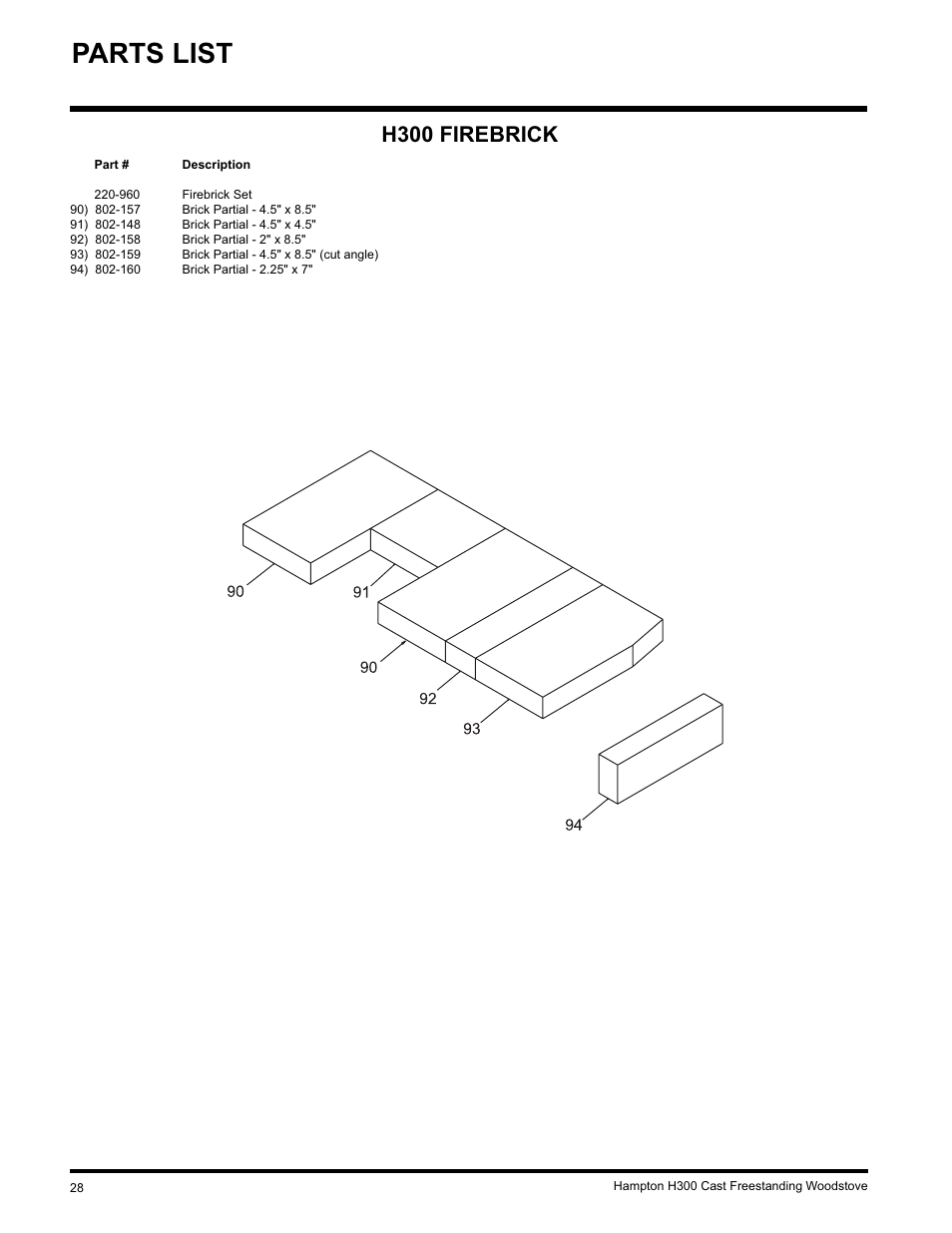 Parts list, H300 firebrick | Hampton Direct H300 User Manual | Page 28 / 32