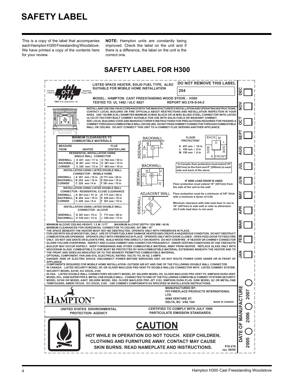 Caution, Safety label, Safety label for h300 | Da te of manuf acture | Hampton Direct H300 User Manual | Page 4 / 32
