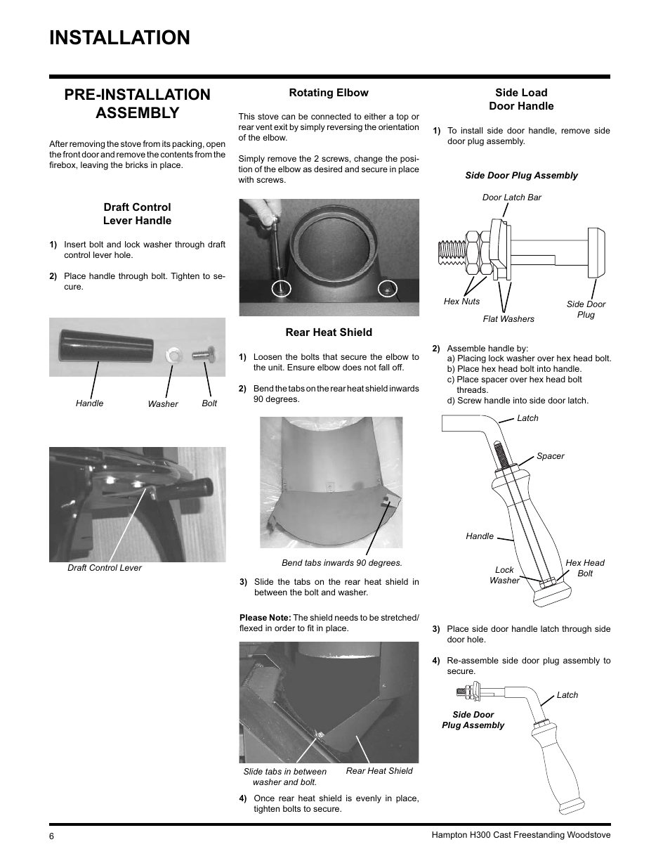 Installation, Pre-installation assembly | Hampton Direct H300 User Manual | Page 6 / 32