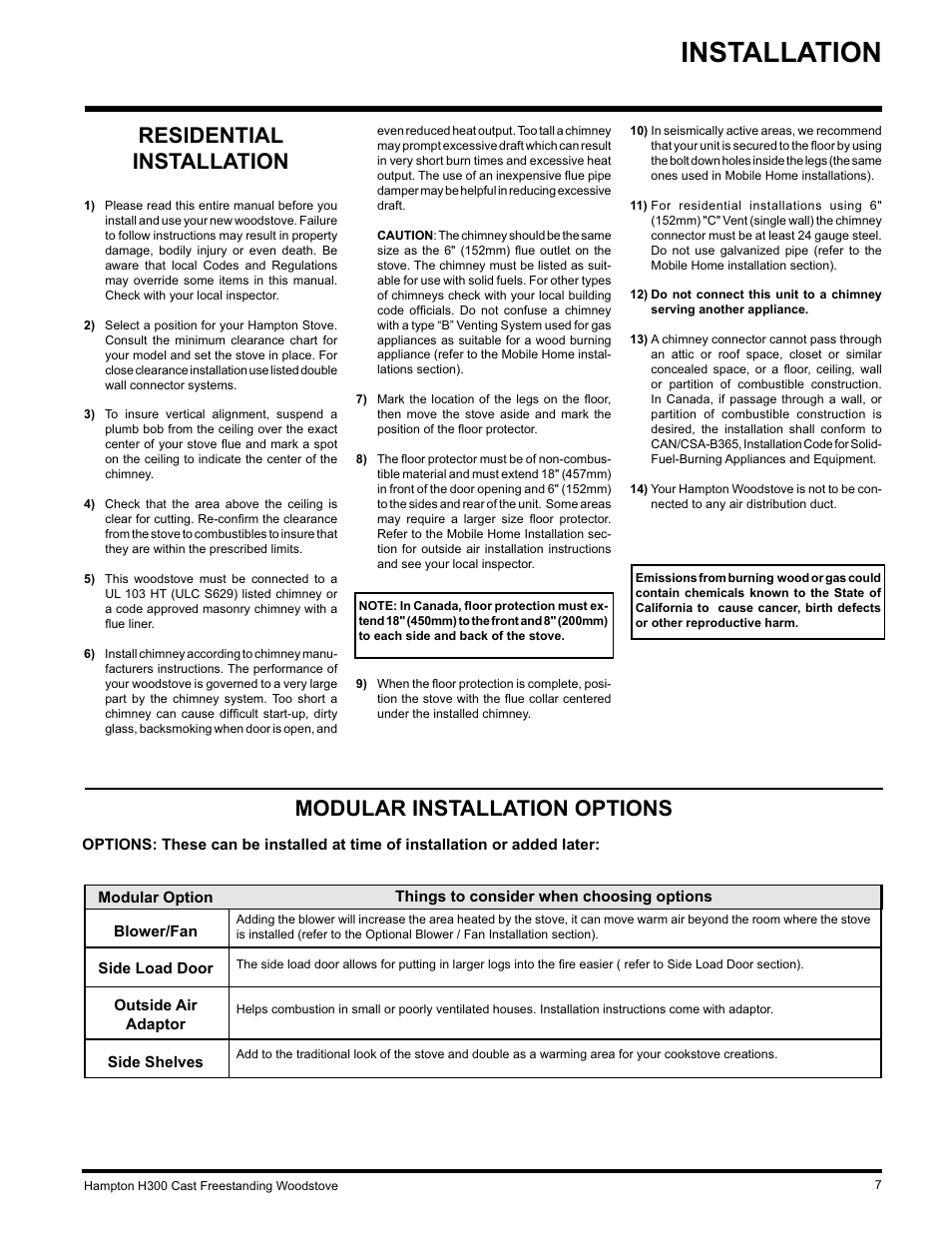 Installation, Residential installation, Modular installation options | Hampton Direct H300 User Manual | Page 7 / 32