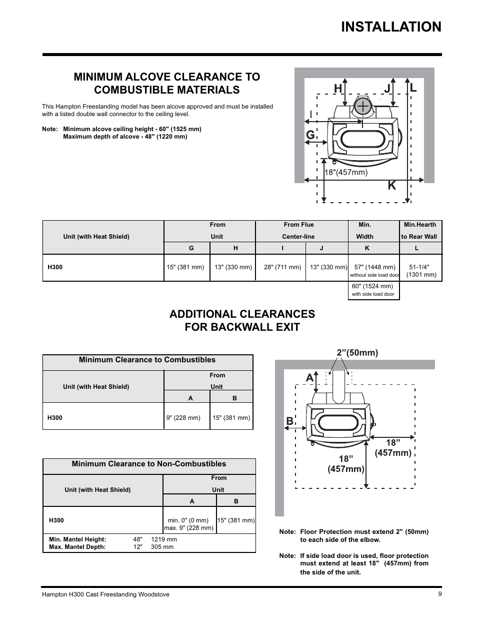 Installation, Minimum alcove clearance to combustible materials, Additional clearances for backwall exit | Hampton Direct H300 User Manual | Page 9 / 32