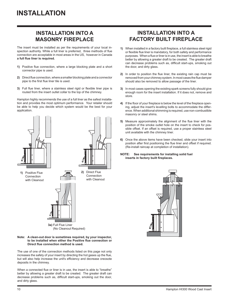 Installation, Installation into a masonry fireplace, Installation into a factory built fireplace | Hampton Direct HI300 User Manual | Page 10 / 32