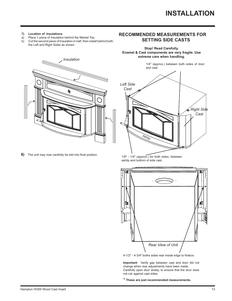 Installation, Recommended measurements for setting side casts | Hampton Direct HI300 User Manual | Page 13 / 32