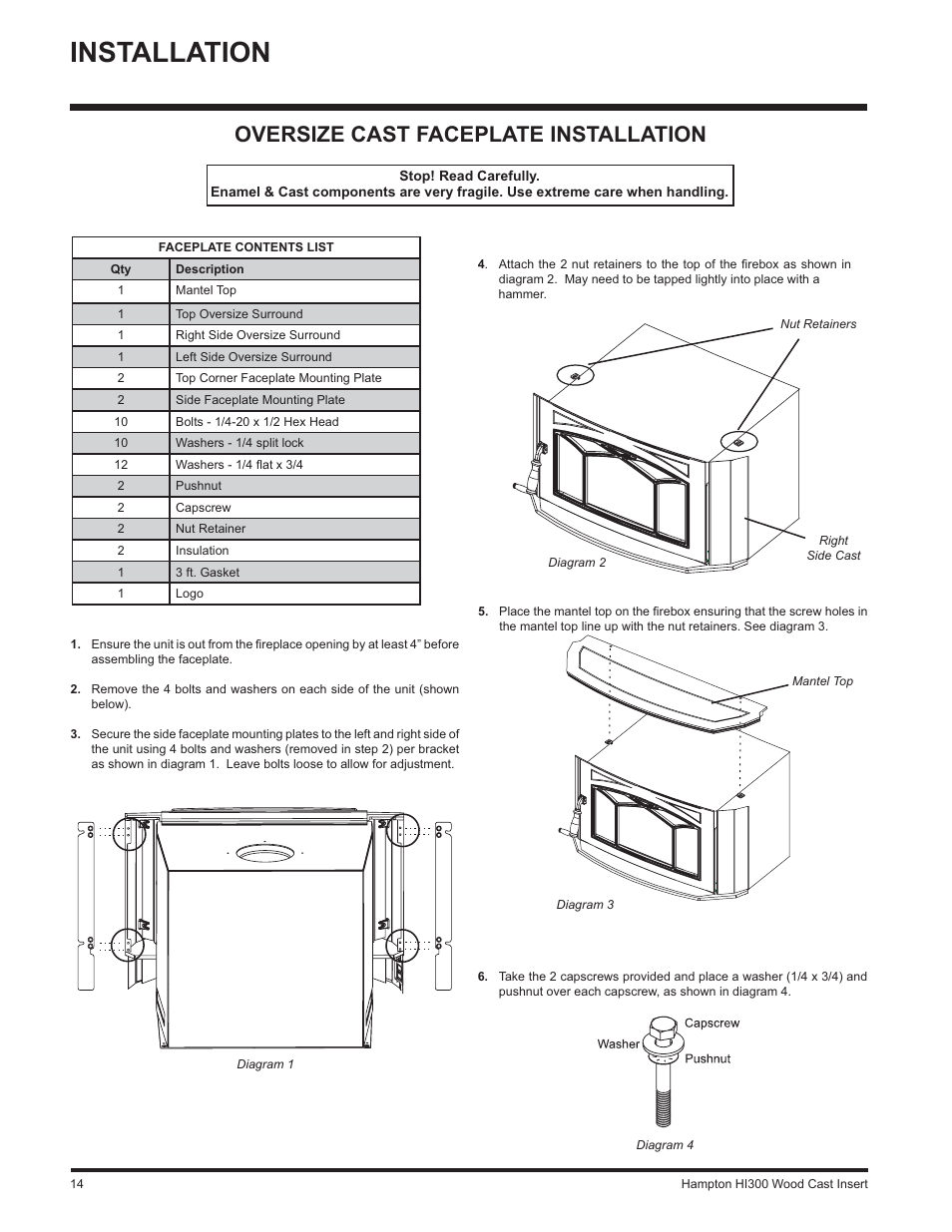 Installation, Oversize cast faceplate installation | Hampton Direct HI300 User Manual | Page 14 / 32