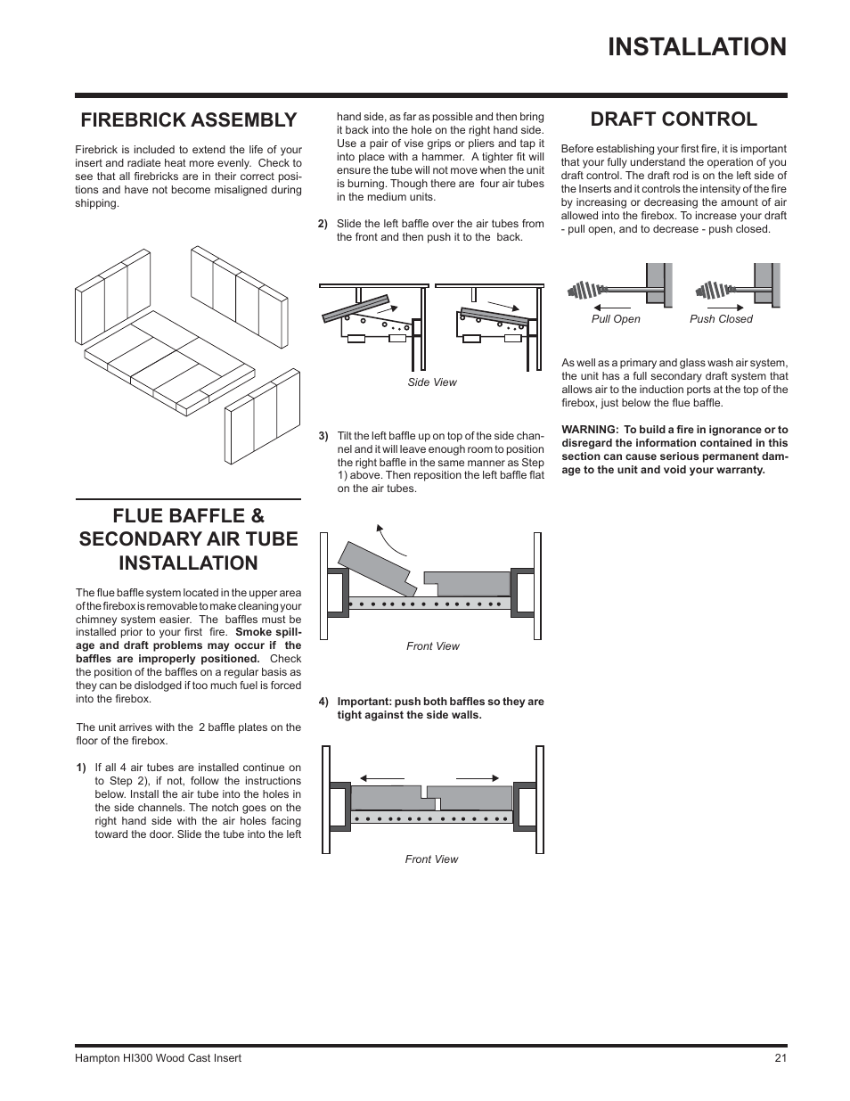 Installation, Draft control, Flue baffle & secondary air tube installation | Firebrick assembly | Hampton Direct HI300 User Manual | Page 21 / 32