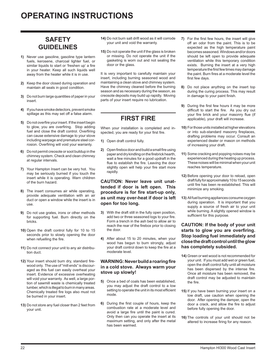 Operating instructions, Safety guidelines, First fire | Hampton Direct HI300 User Manual | Page 22 / 32