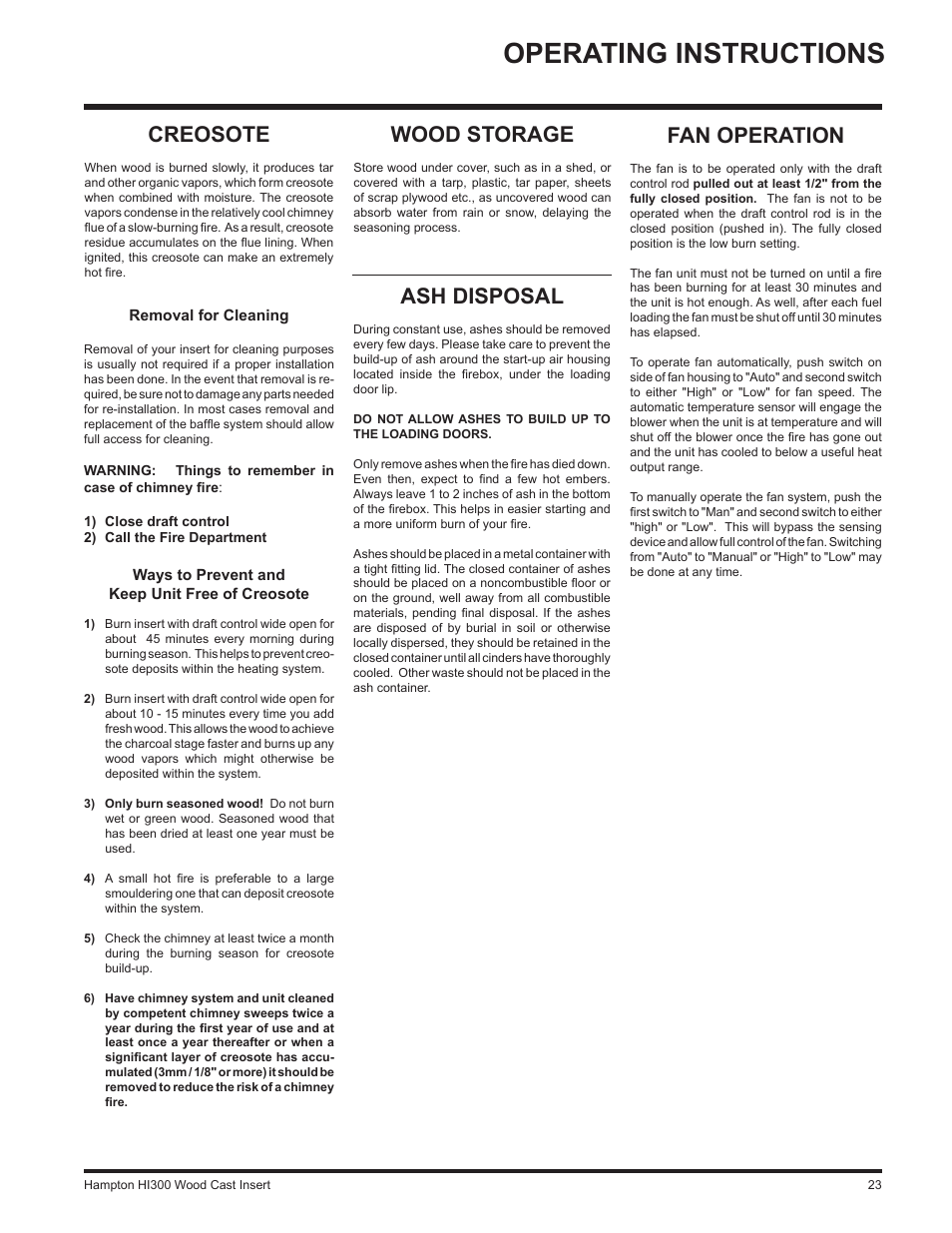 Operating instructions, Ash disposal, Creosote | Fan operation, Wood storage | Hampton Direct HI300 User Manual | Page 23 / 32