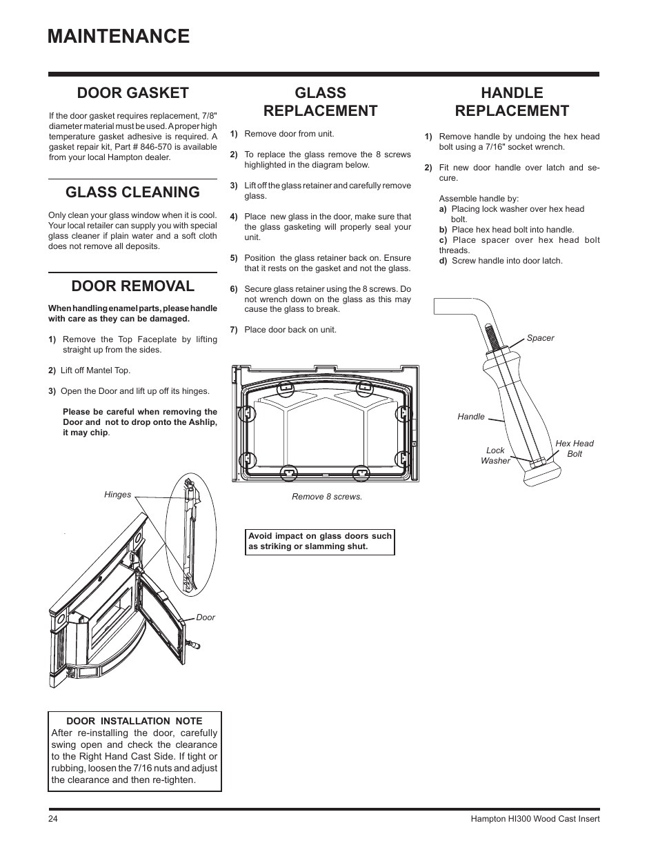 Maintenance, Door gasket, Glass cleaning | Glass replacement, Handle replacement, Door removal | Hampton Direct HI300 User Manual | Page 24 / 32