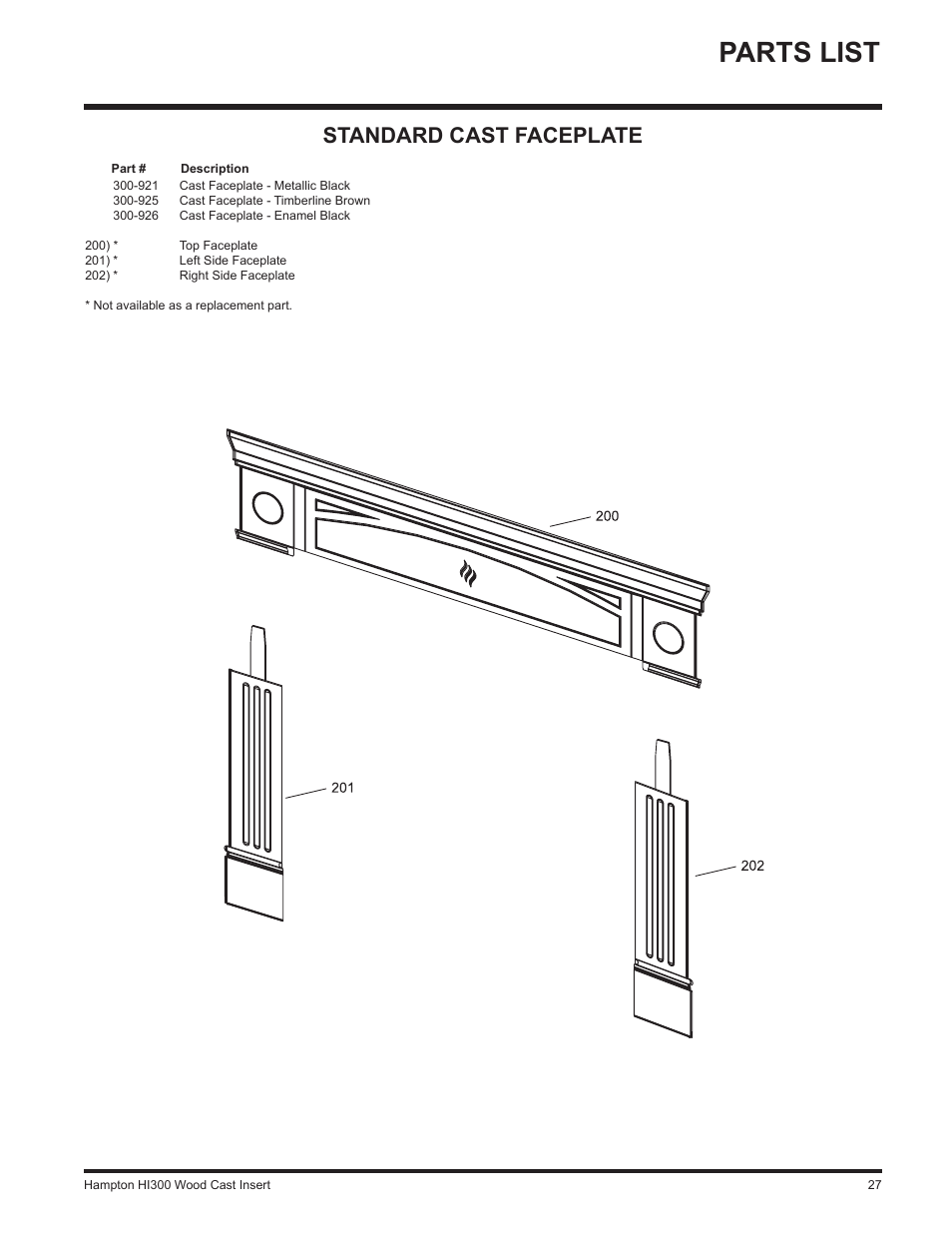 Parts list, Standard cast faceplate | Hampton Direct HI300 User Manual | Page 27 / 32