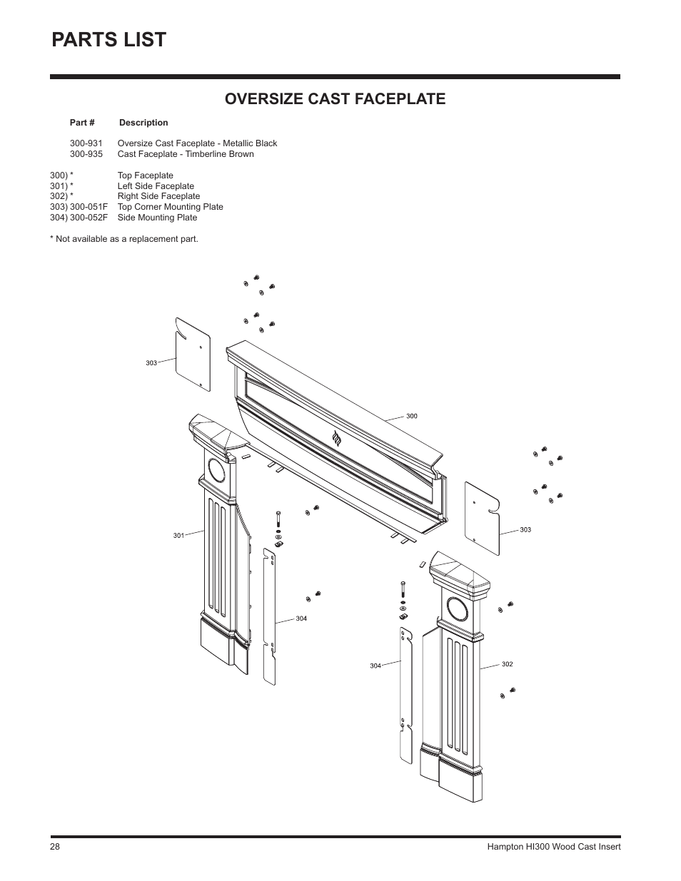 Parts list, Oversize cast faceplate | Hampton Direct HI300 User Manual | Page 28 / 32