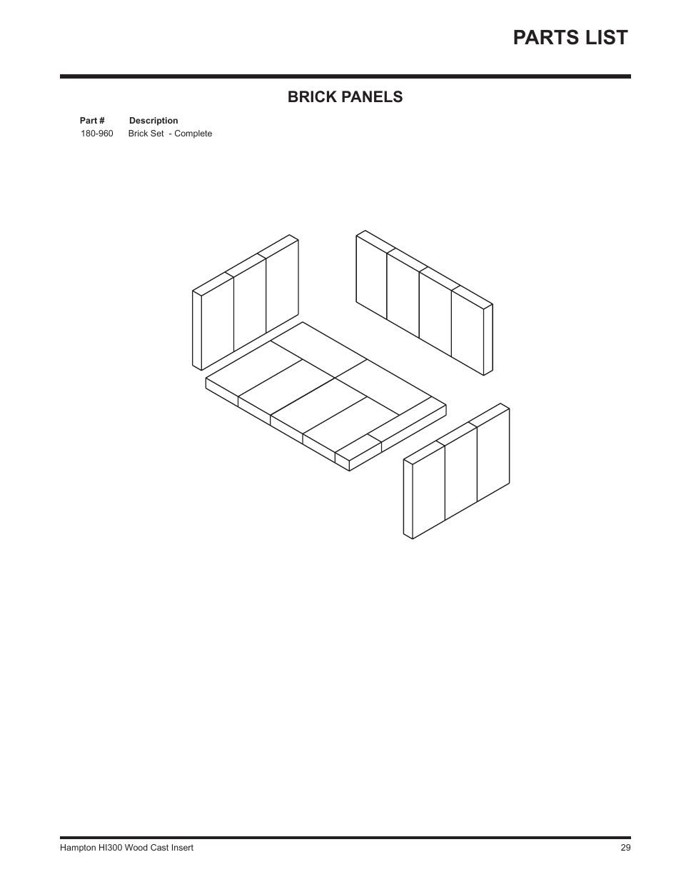 Parts list, Brick panels | Hampton Direct HI300 User Manual | Page 29 / 32
