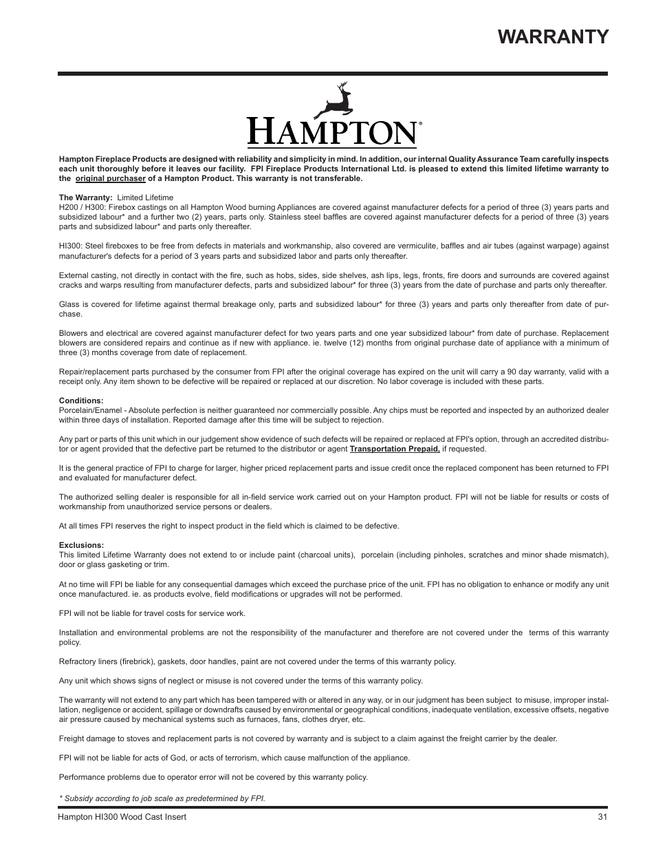 Warranty | Hampton Direct HI300 User Manual | Page 31 / 32