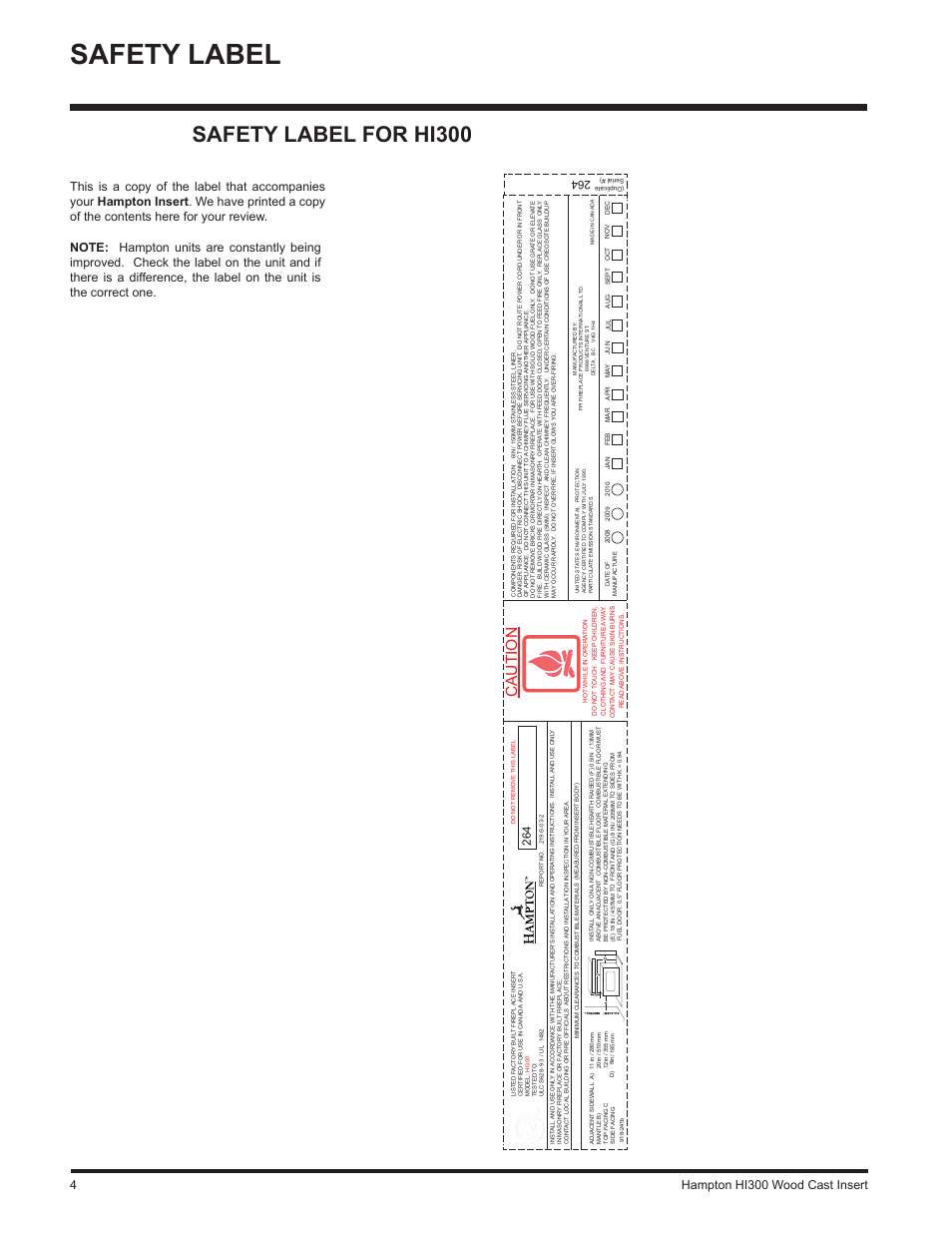 Safety label, Safety label for hi300, Caution | Hampton hi300 wood cast insert 4 | Hampton Direct HI300 User Manual | Page 4 / 32