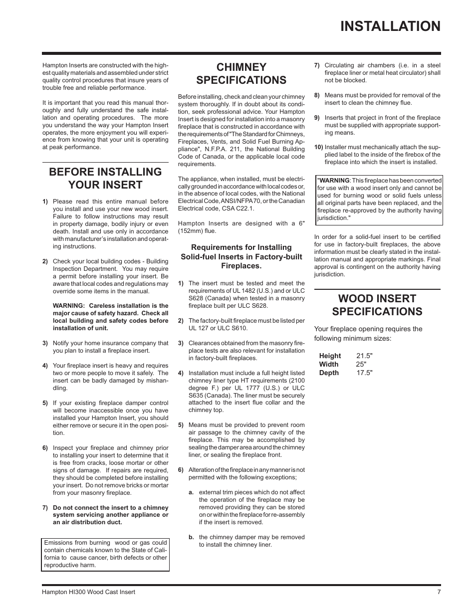 Installation, Chimney specifications, Before installing your insert | Wood insert specifications | Hampton Direct HI300 User Manual | Page 7 / 32