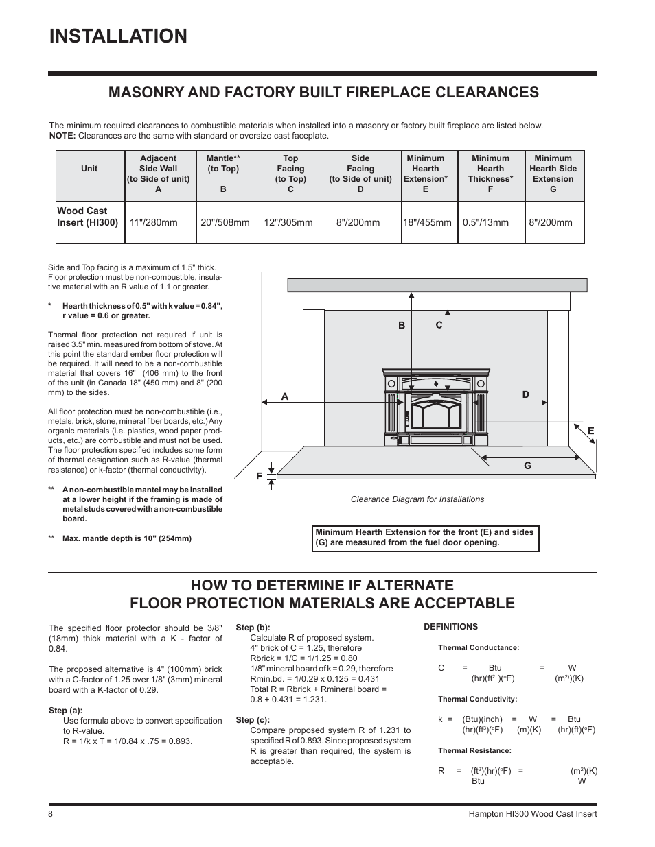 Installation, Masonry and factory built fireplace clearances | Hampton Direct HI300 User Manual | Page 8 / 32