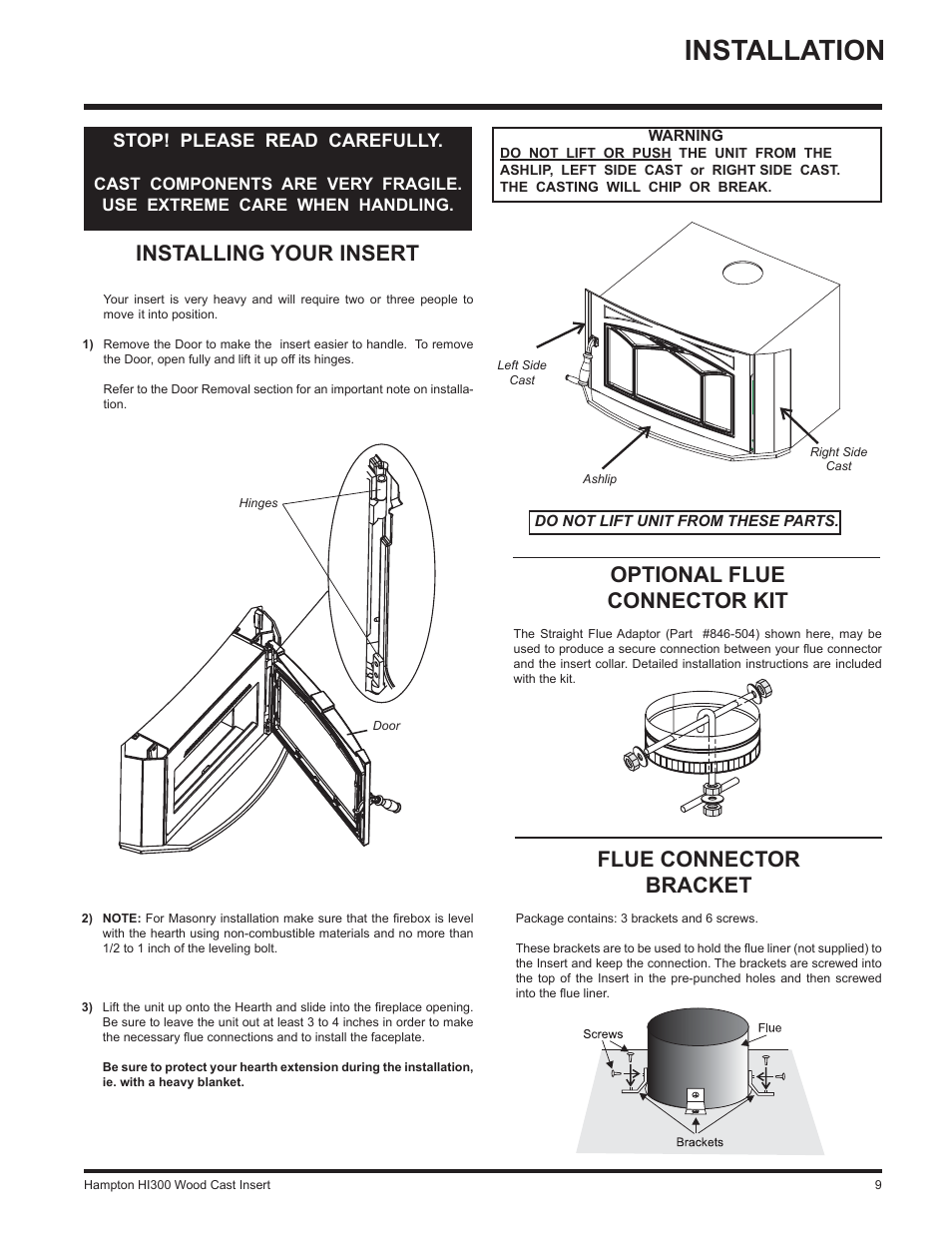 Installation, Flue connector bracket, Optional flue connector kit | Installing your insert, Stop! please read carefully | Hampton Direct HI300 User Manual | Page 9 / 32