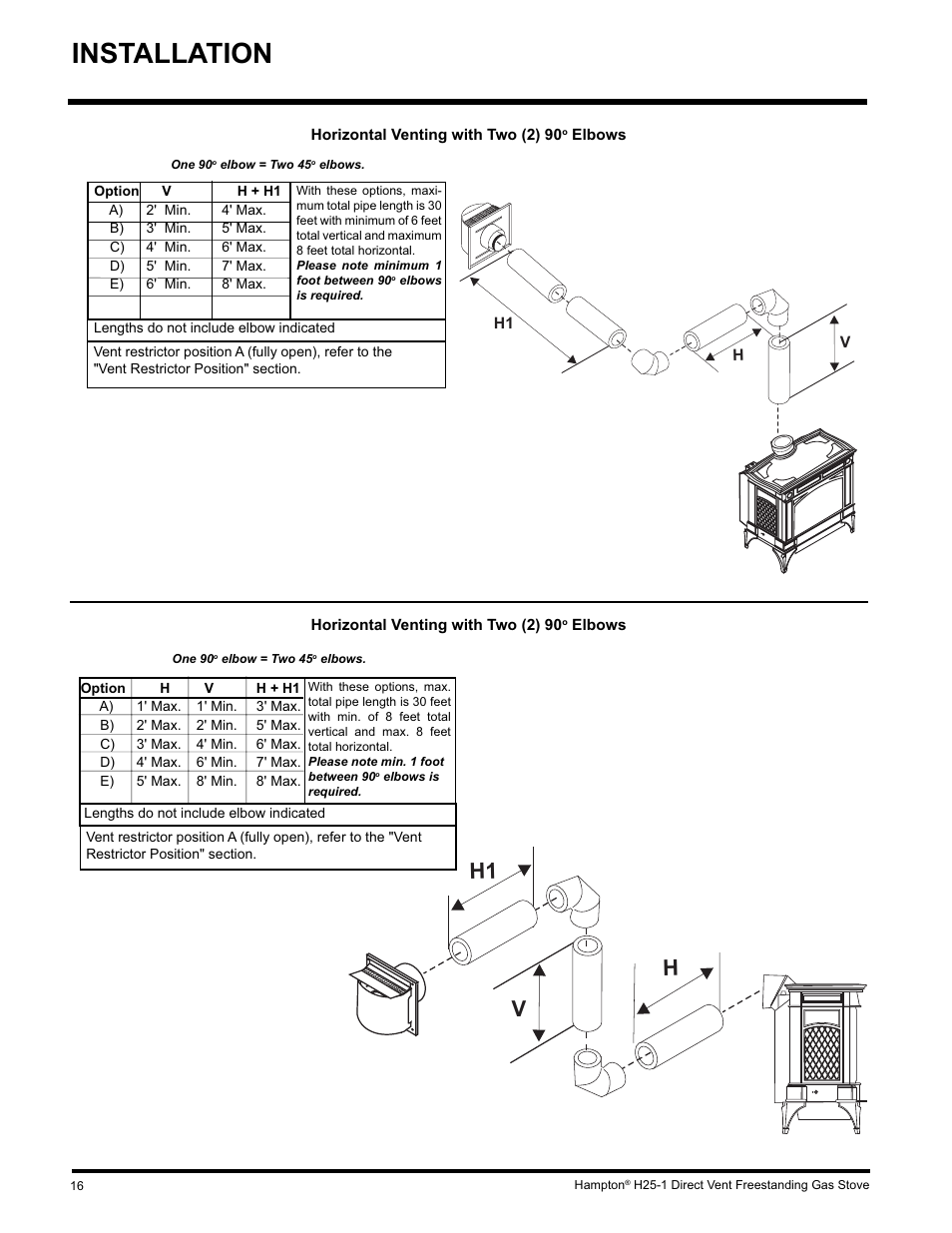 Installation, H1 h v | Hampton Direct H25-NG1 User Manual | Page 16 / 48