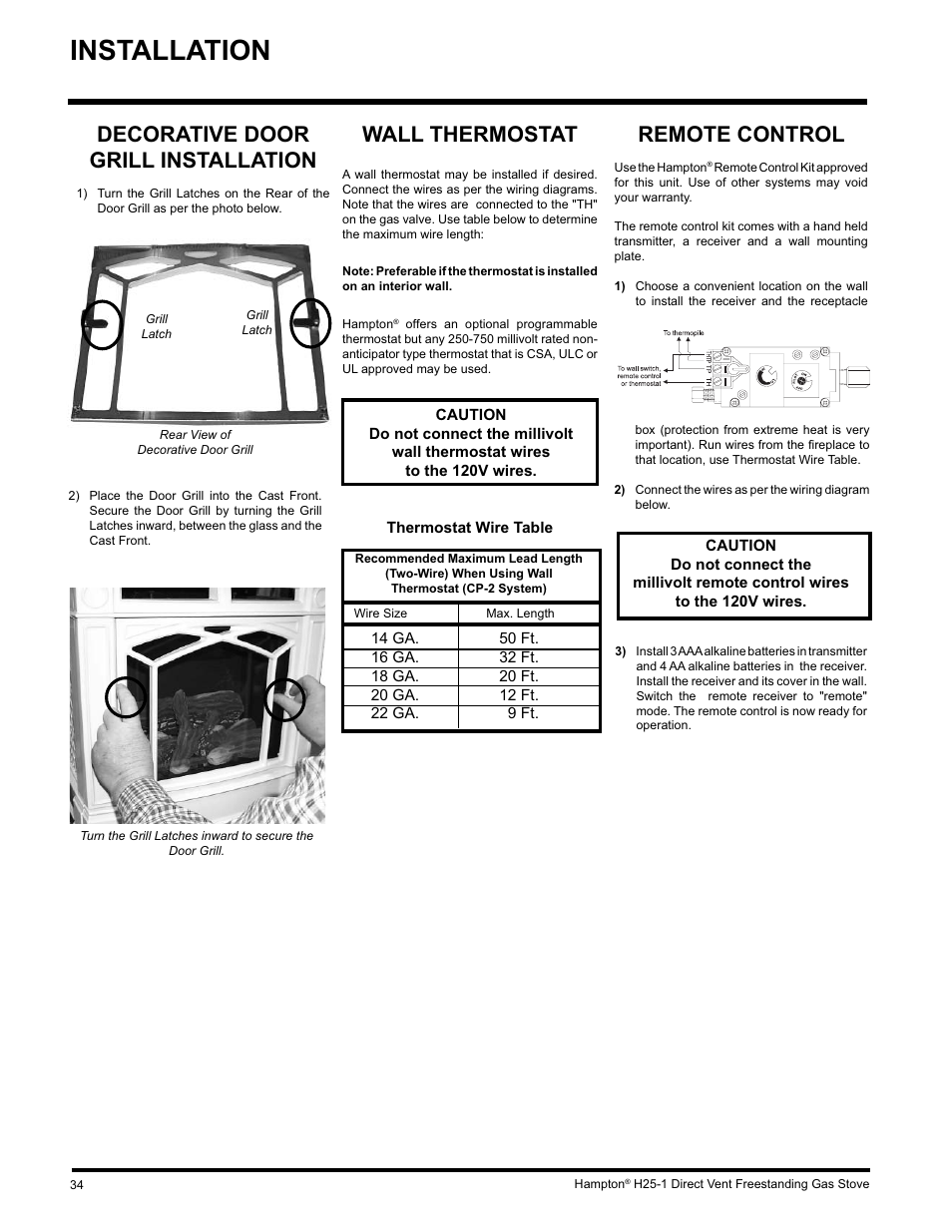 Installation, Remote control, Wall thermostat | Decorative door grill installation | Hampton Direct H25-NG1 User Manual | Page 34 / 48