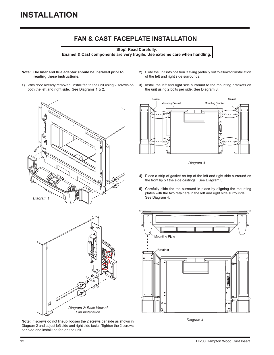 Installation, Fan & cast faceplate installation | Hampton Direct Wood Insert HI200 User Manual | Page 12 / 24