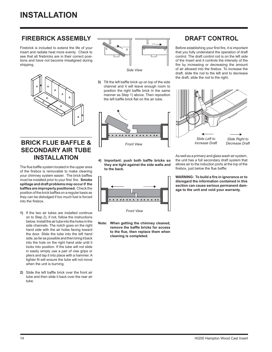 Installation, Firebrick assembly, Draft control | Hampton Direct Wood Insert HI200 User Manual | Page 14 / 24