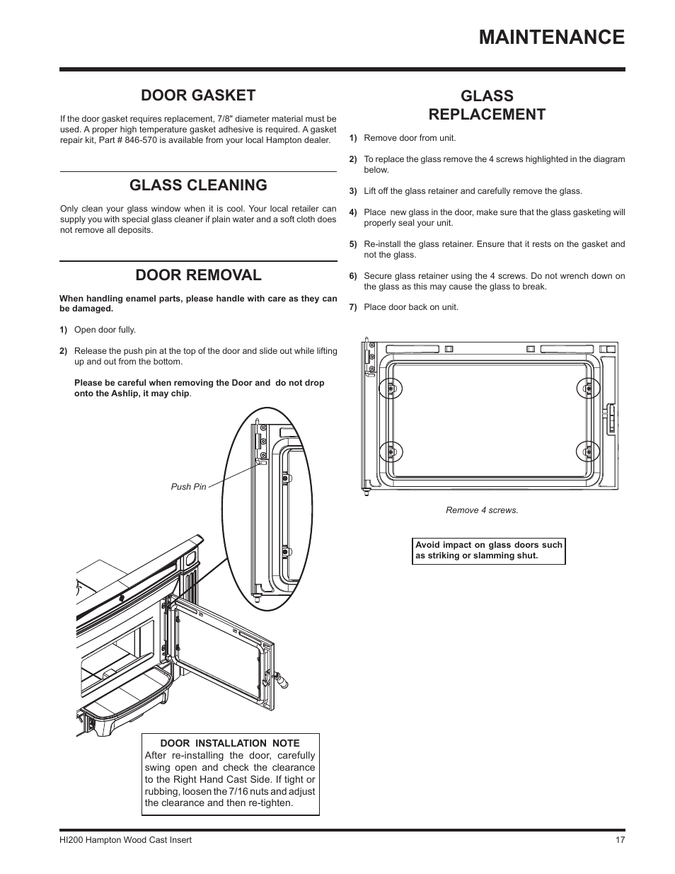 Maintenance, Door gasket, Glass cleaning | Glass replacement, Door removal | Hampton Direct Wood Insert HI200 User Manual | Page 17 / 24