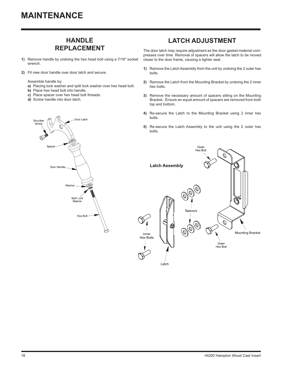Maintenance, Handle replacement, Latch adjustment | Hampton Direct Wood Insert HI200 User Manual | Page 18 / 24