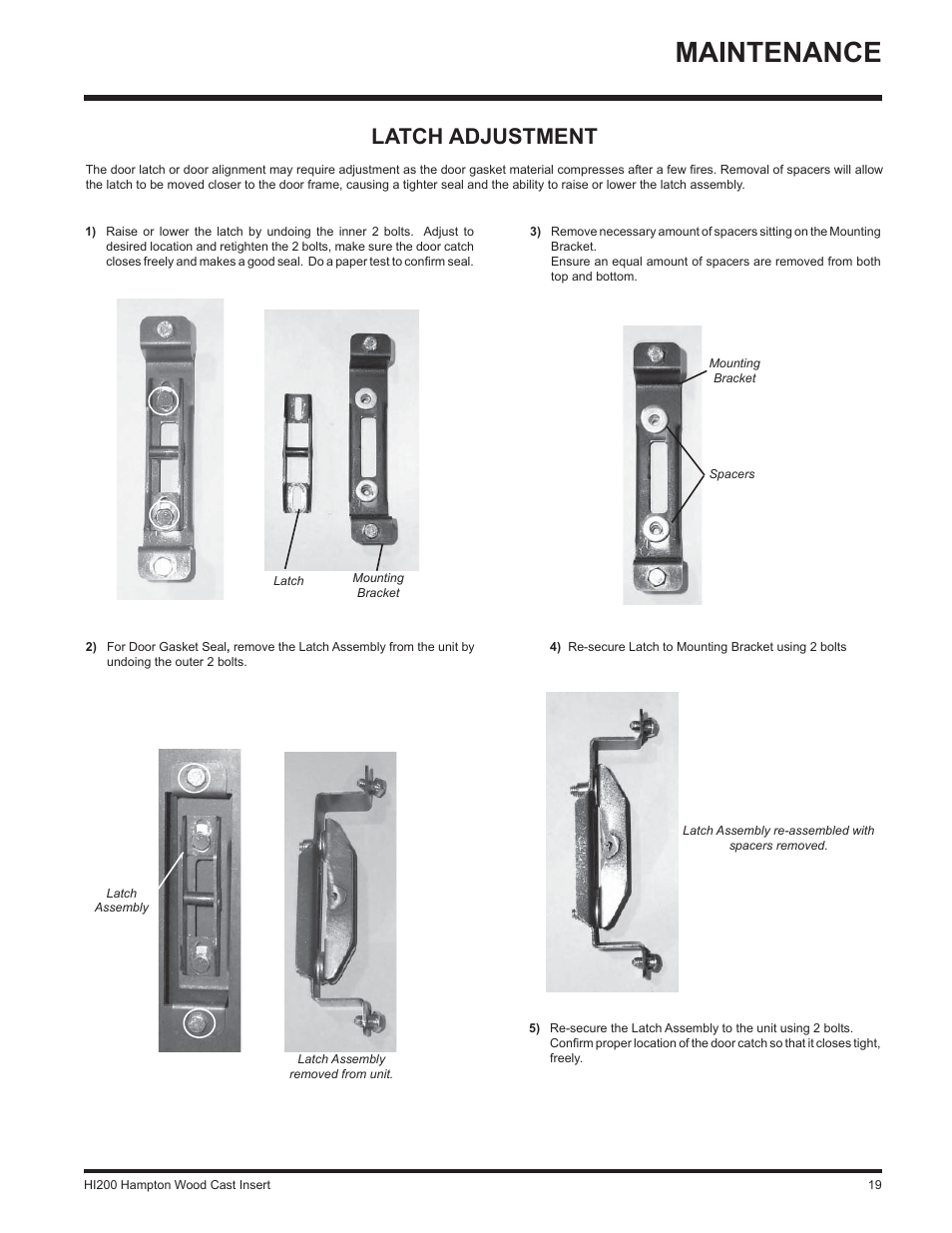 Maintenance, Latch adjustment | Hampton Direct Wood Insert HI200 User Manual | Page 19 / 24