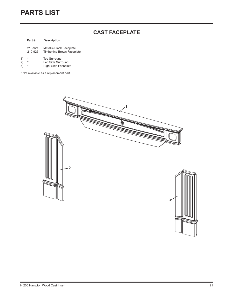 Parts list, Cast faceplate | Hampton Direct Wood Insert HI200 User Manual | Page 21 / 24